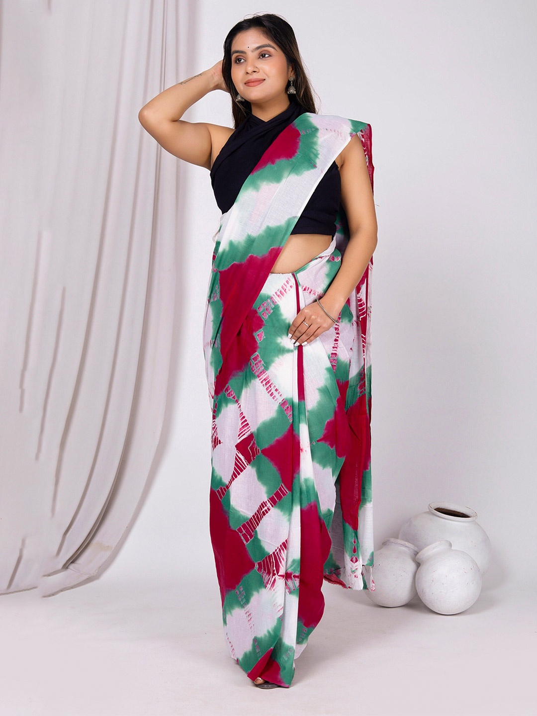 

JAIPURI BLOCK PRINT Tie and Dye Pure Cotton Bagru Saree, Red
