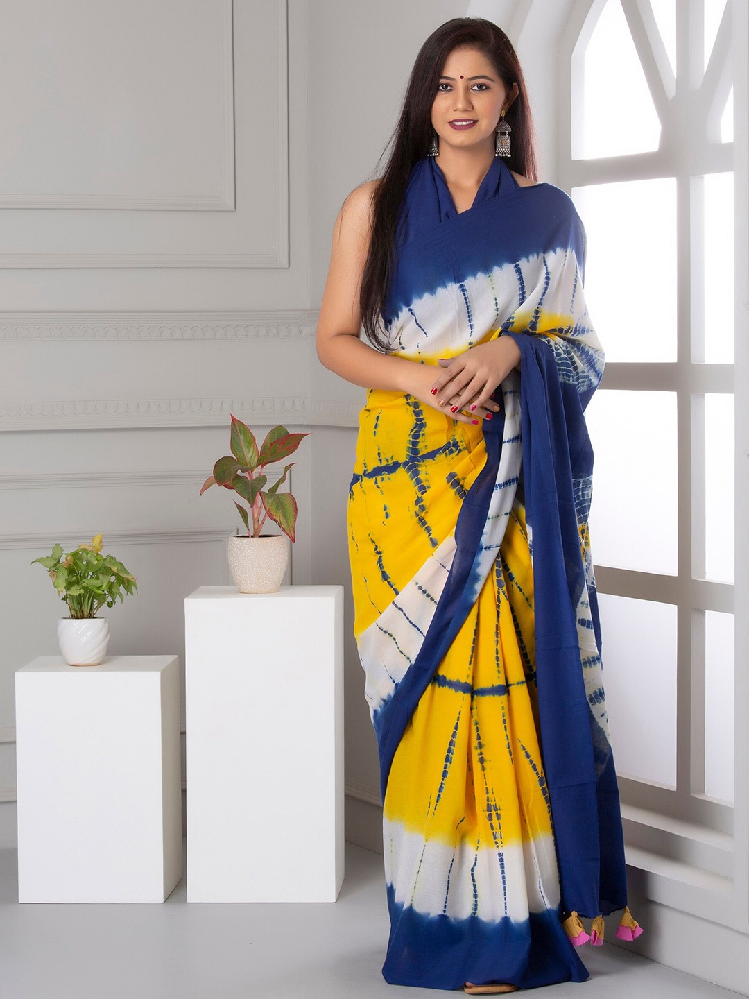 

JAIPURI BLOCK PRINT Tie and Dye Pure Cotton Block Print Saree, Yellow
