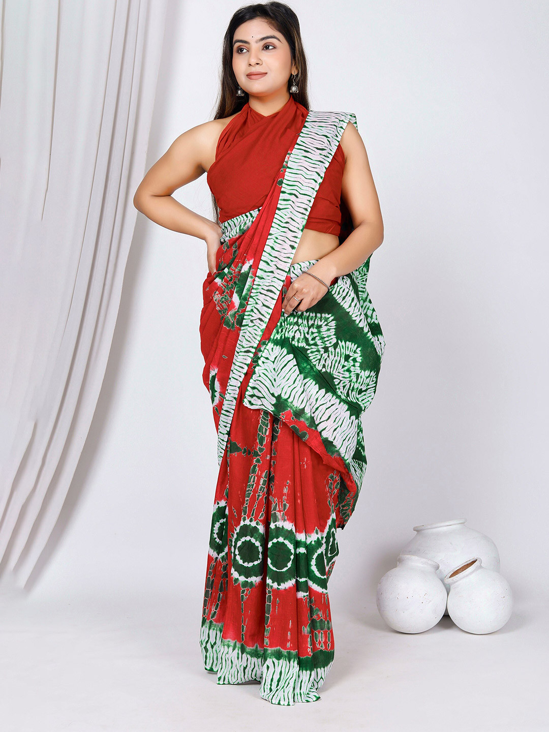 

JAIPURI BLOCK PRINT Tie and Dye Pure Cotton Saree, Red