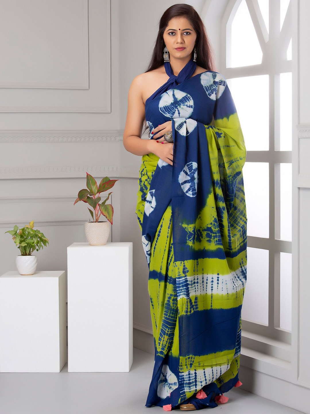 

JAIPURI BLOCK PRINT Bandhani Printed Pure Cotton Block Print Saree, Green