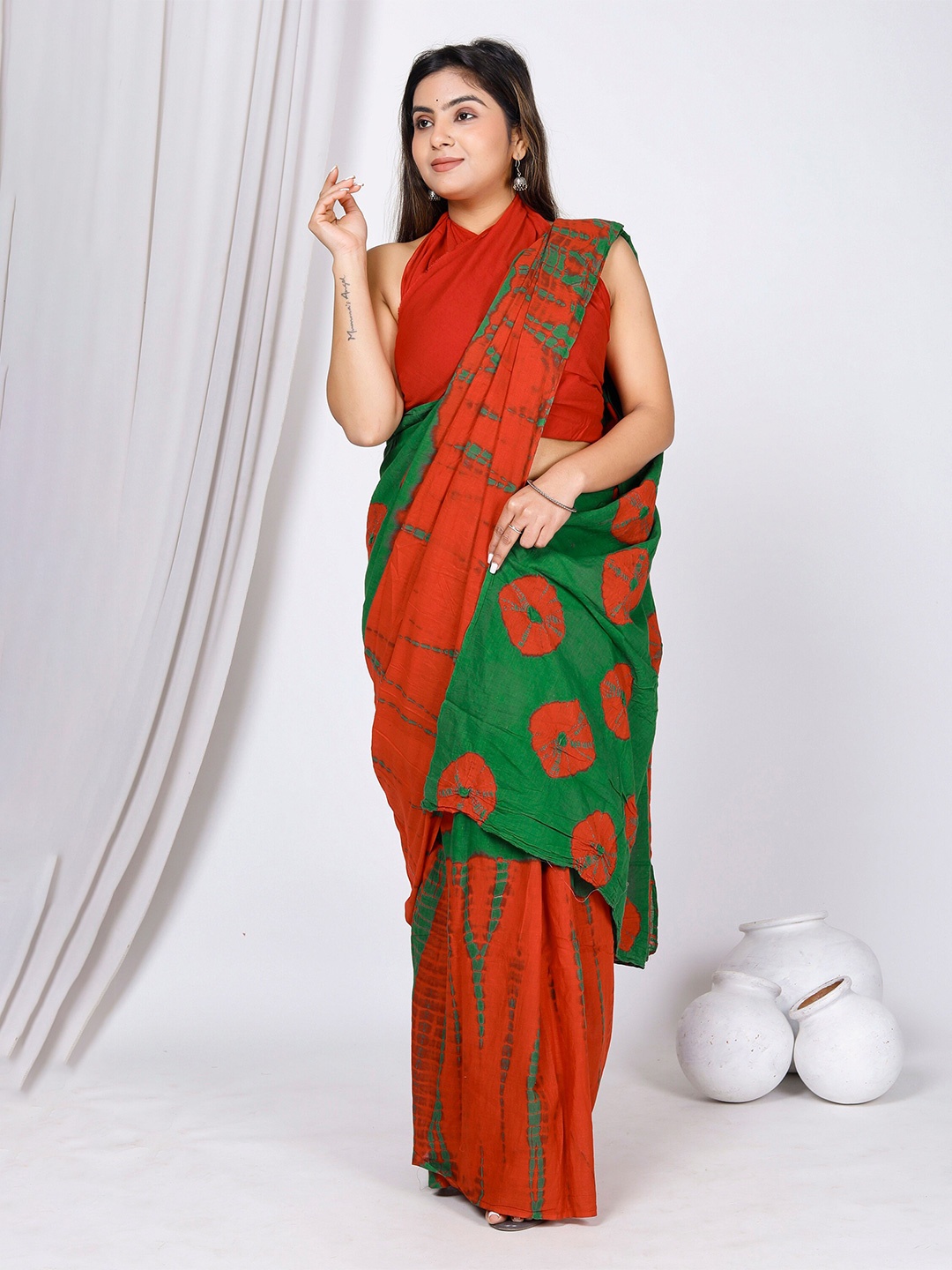 

JAIPURI BLOCK PRINT Tie and Dye Pure Cotton Bandhani Saree, Red