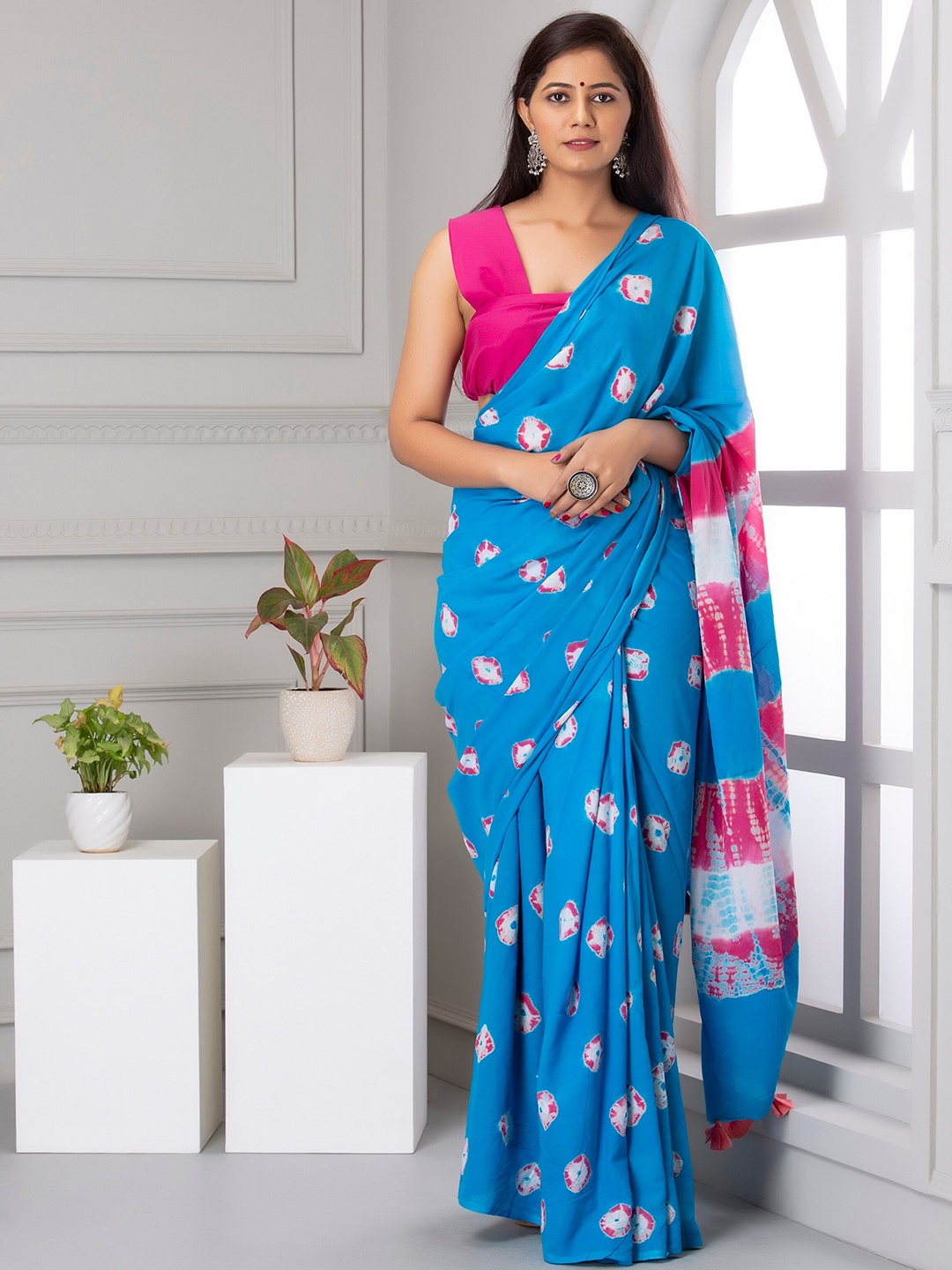 

JAIPURI BLOCK PRINT Bandhani Printed Pure Cotton Saree, Turquoise blue
