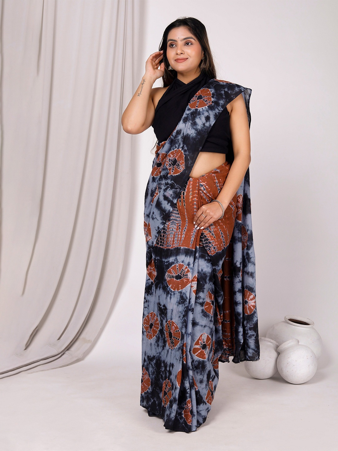 

JAIPURI BLOCK PRINT Tie and Dye Pure Cotton Bandhani Saree, Brown