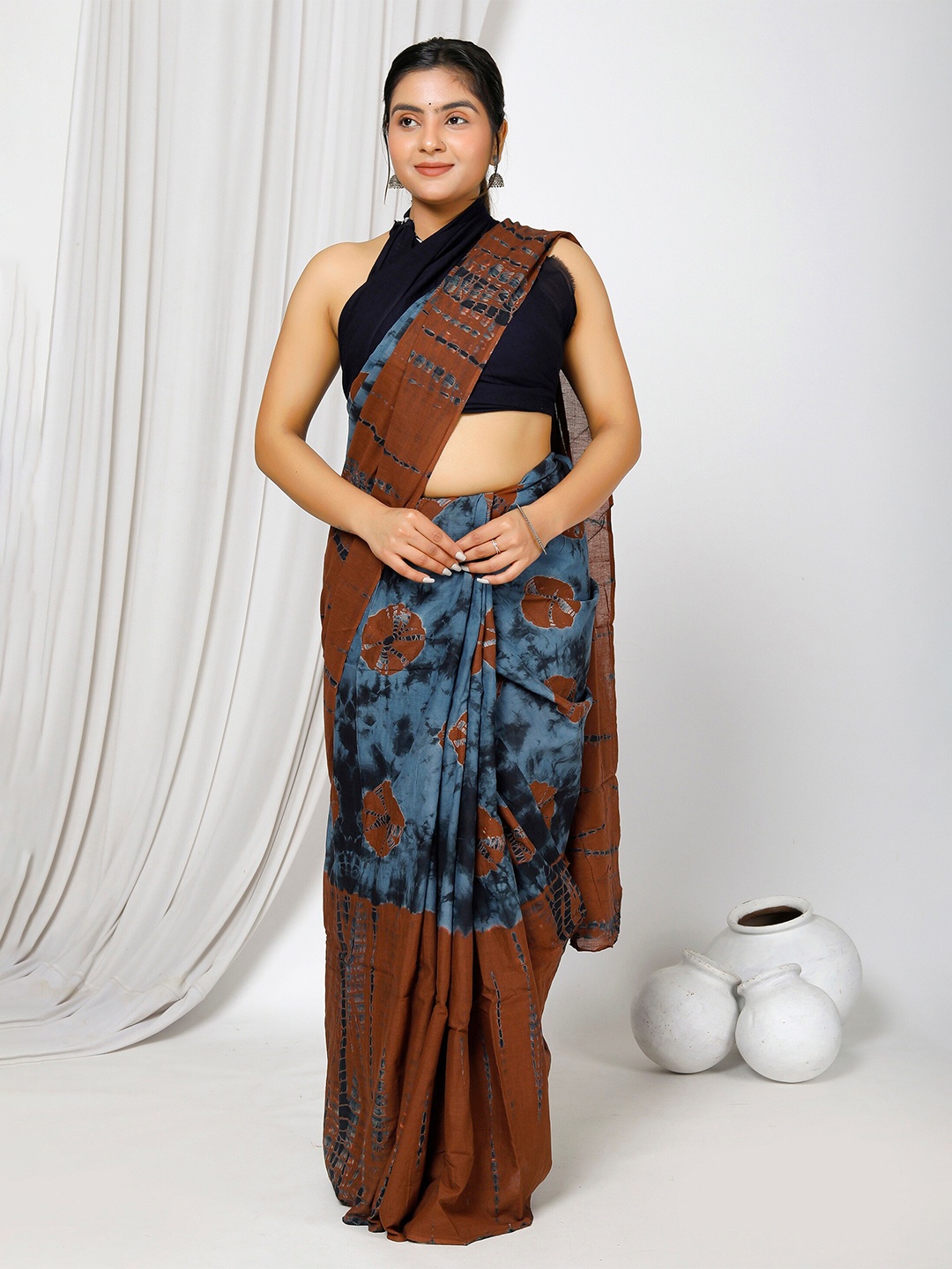 

JAIPURI BLOCK PRINT Tie and Dye Pure Cotton Bagru Saree, Brown