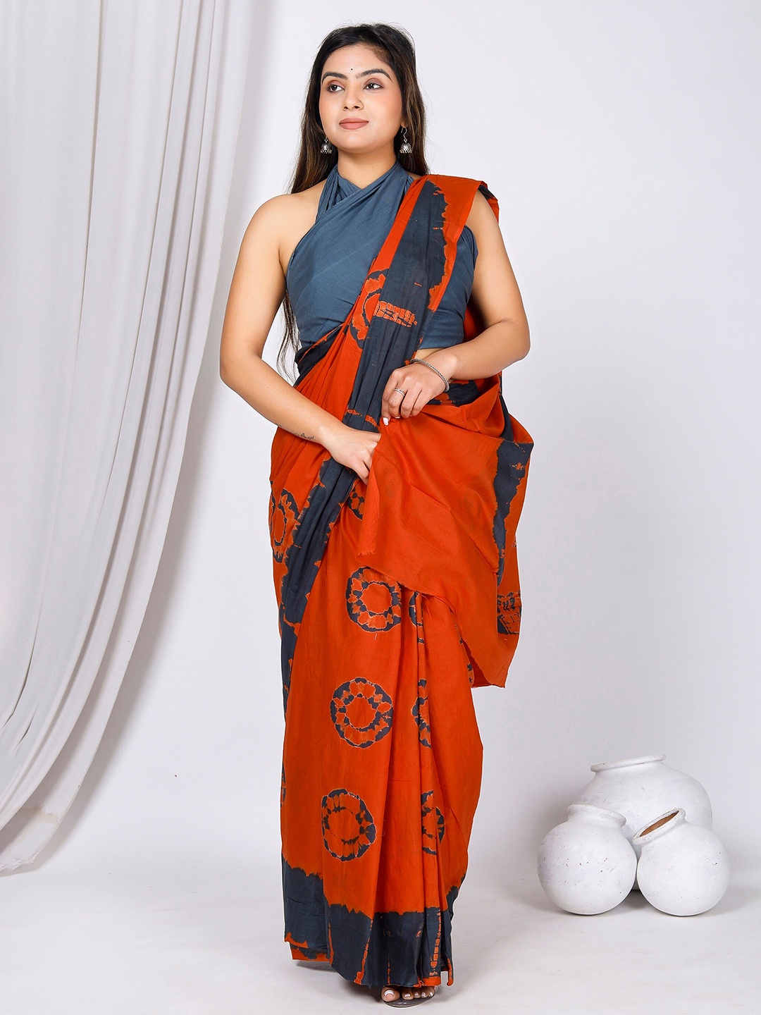 

JAIPURI BLOCK PRINT Tie and Dye Pure Cotton Bagru Saree, Red