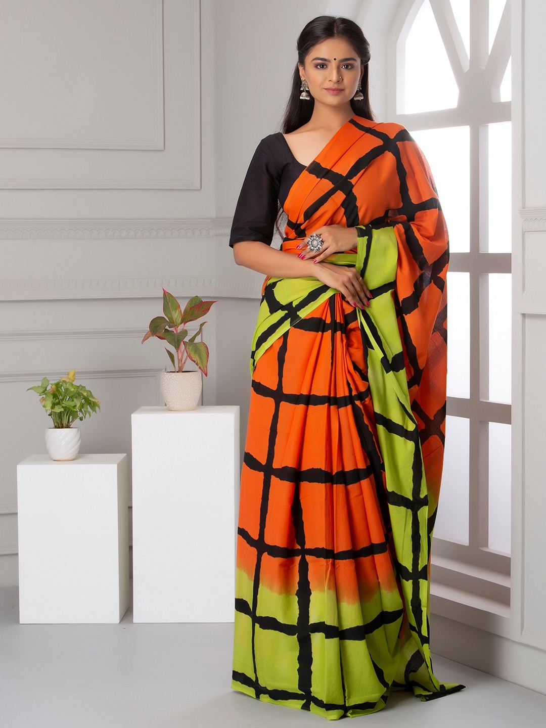 

JAIPURI BLOCK PRINT Checked Pure Cotton Block Print Saree, Orange