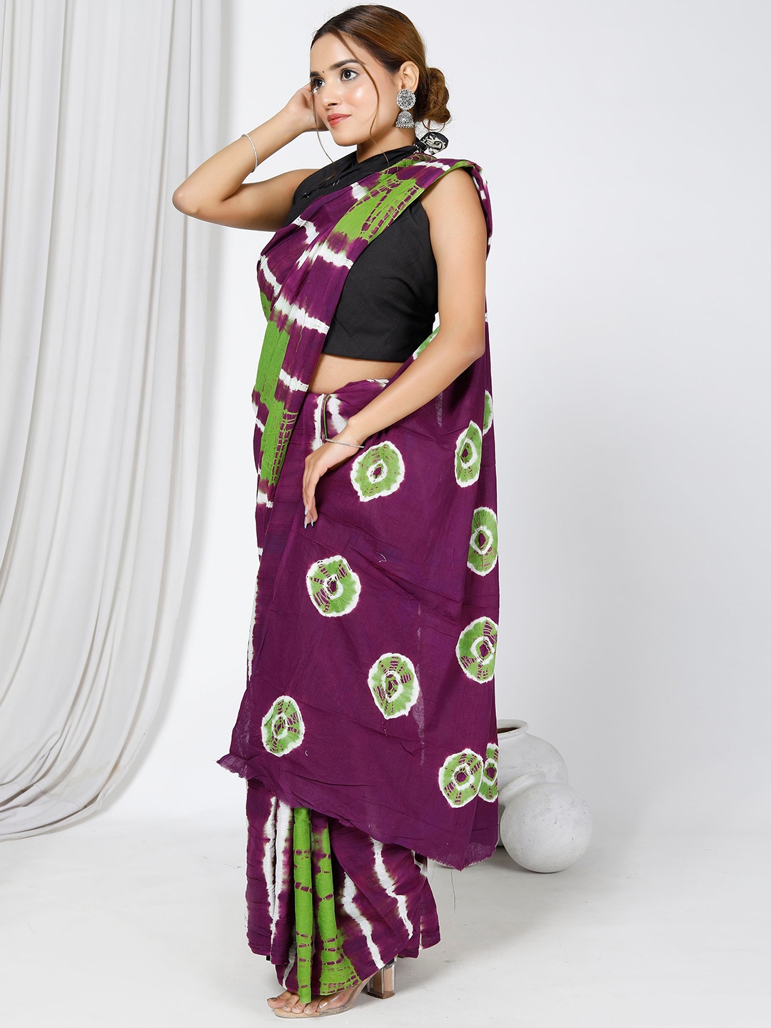 

JAIPURI BLOCK PRINT Tie and Dye Pure Cotton Bandhani Saree, Purple