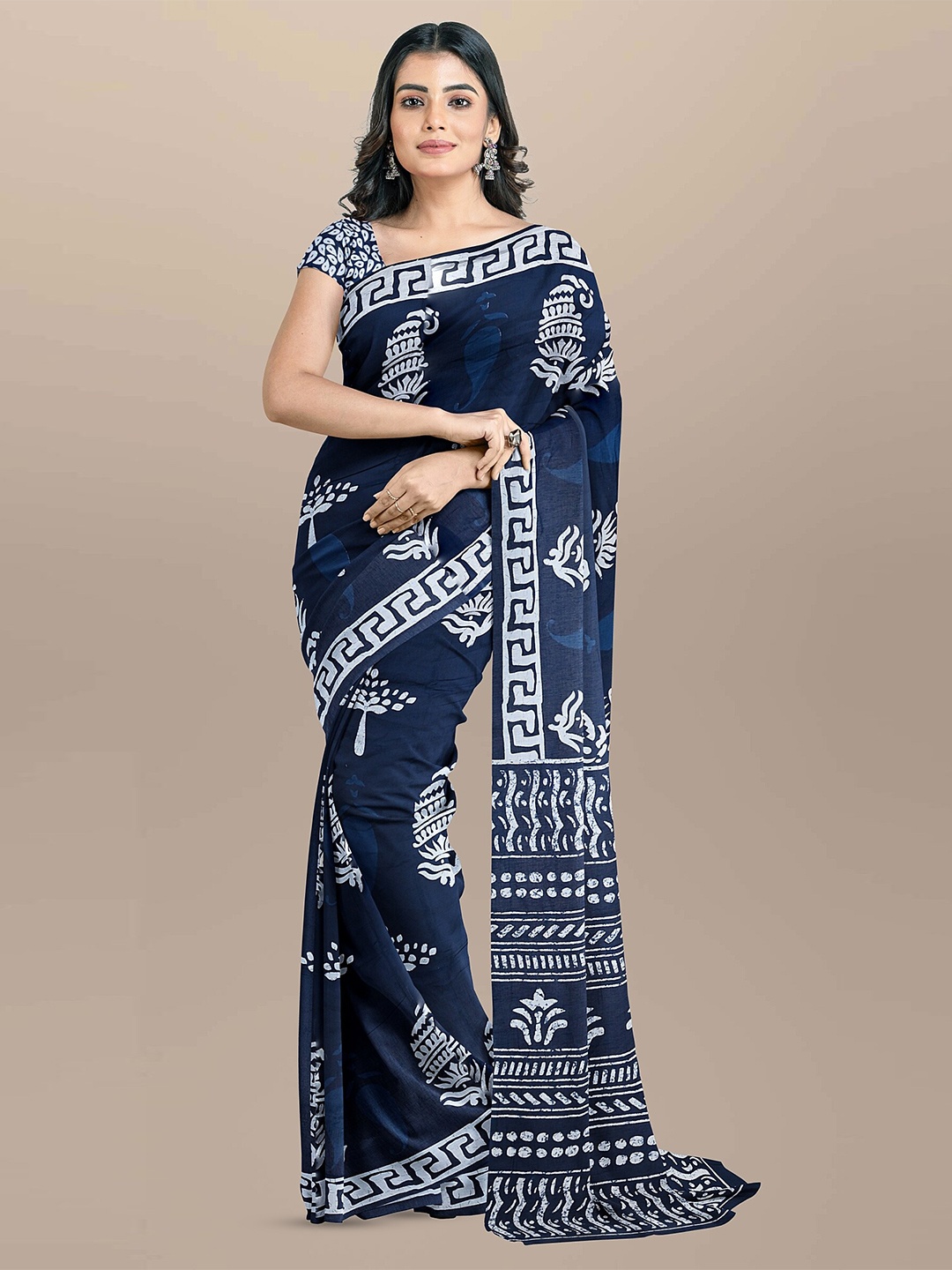 

JAIPURI BLOCK PRINT Paisley Printed Pure Cotton Block Print Saree, Blue