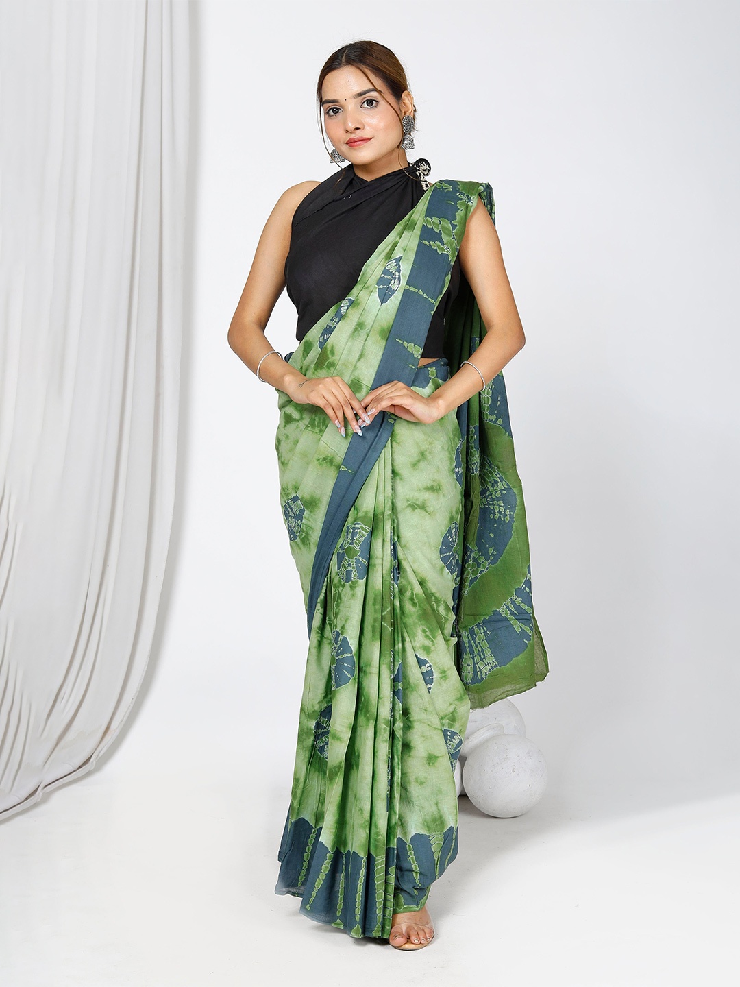 

JAIPURI BLOCK PRINT Geometric Printed Pure Cotton Bagru Saree, Green