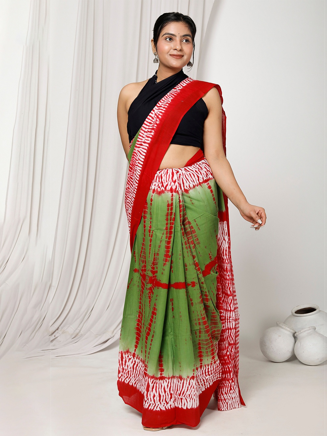 

JAIPURI BLOCK PRINT Tie and Dye Pure Cotton Bagru Saree, Green