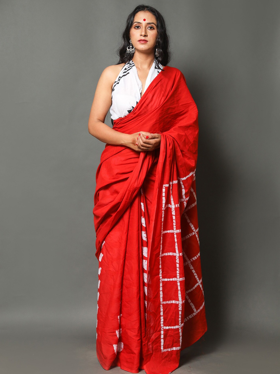 

JAIPURI BLOCK PRINT Checked Pure Cotton Saree, Red