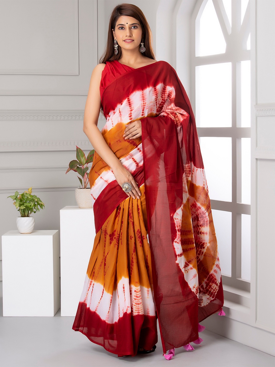 

JAIPURI BLOCK PRINT Tie and Dye Pure Cotton Saree, Red