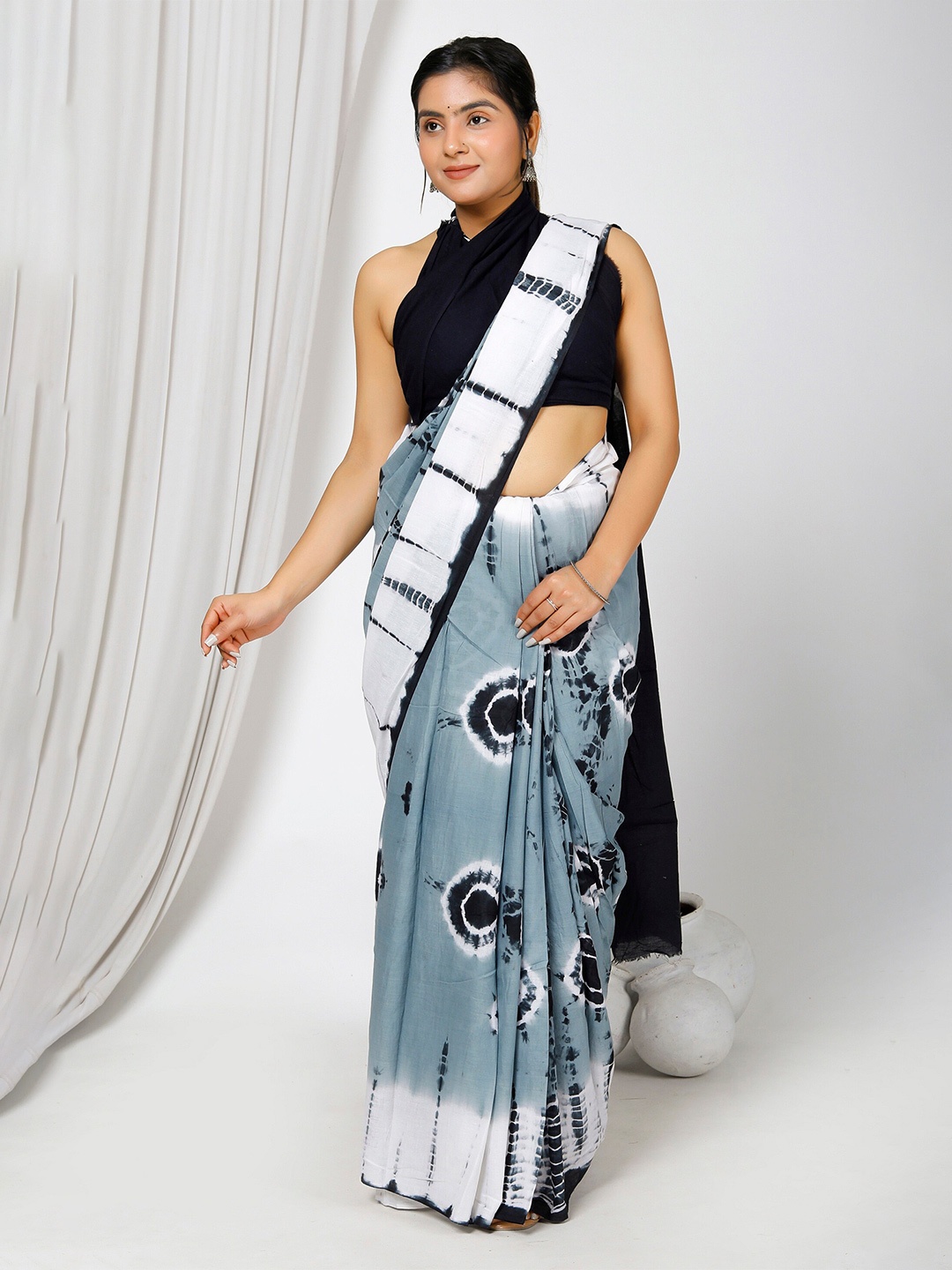 

JAIPURI BLOCK PRINT Tie and Dye Pure Cotton Saree, Grey