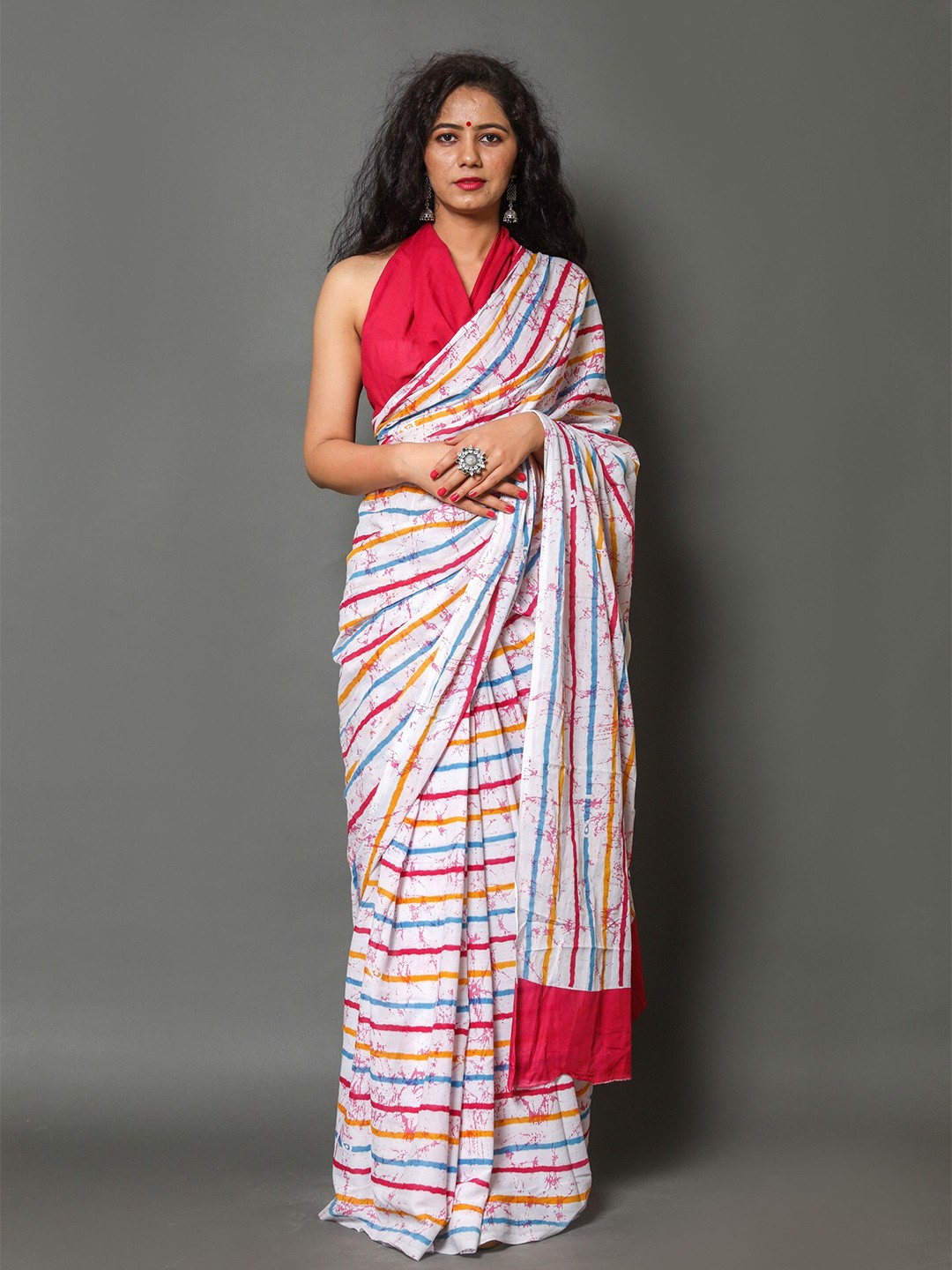 

JAIPURI BLOCK PRINT Striped Pure Cotton Ikat Saree, White