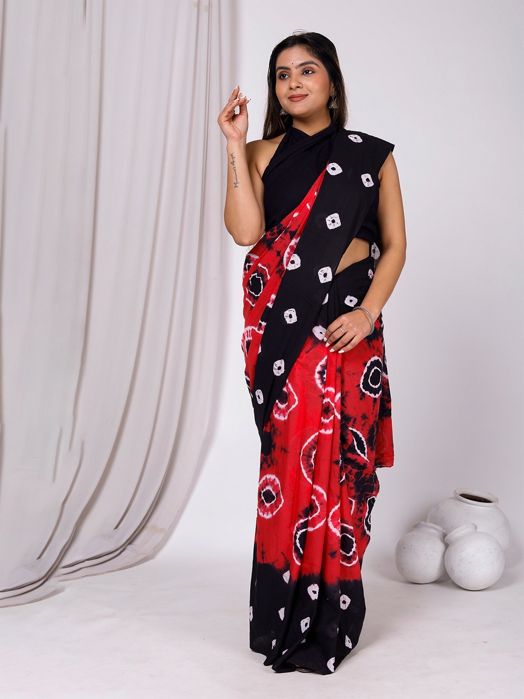 

JAIPURI BLOCK PRINT Tie and Dye Pure Cotton Saree, Black