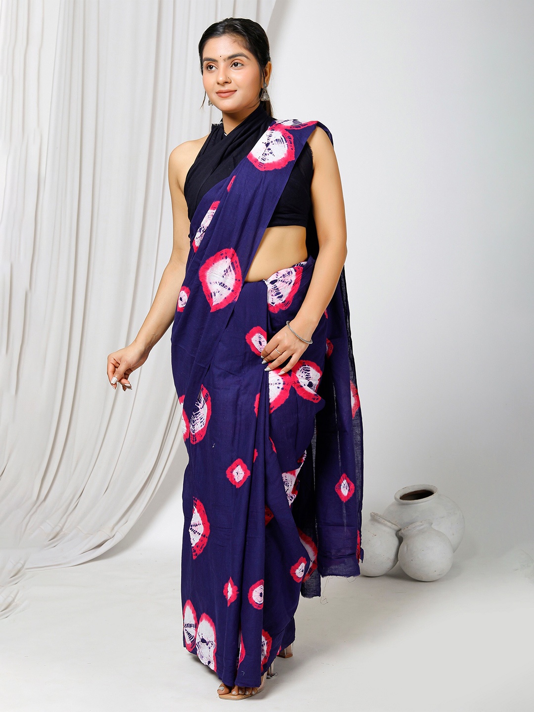 

JAIPURI BLOCK PRINT Tie and Dye Pure Cotton Saree, Purple