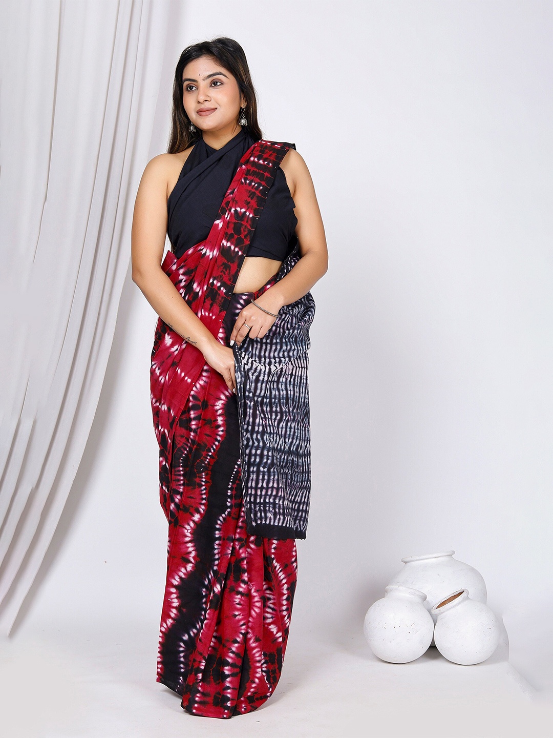 

JAIPURI BLOCK PRINT Tie and Dye Pure Cotton Bagru Saree, Red