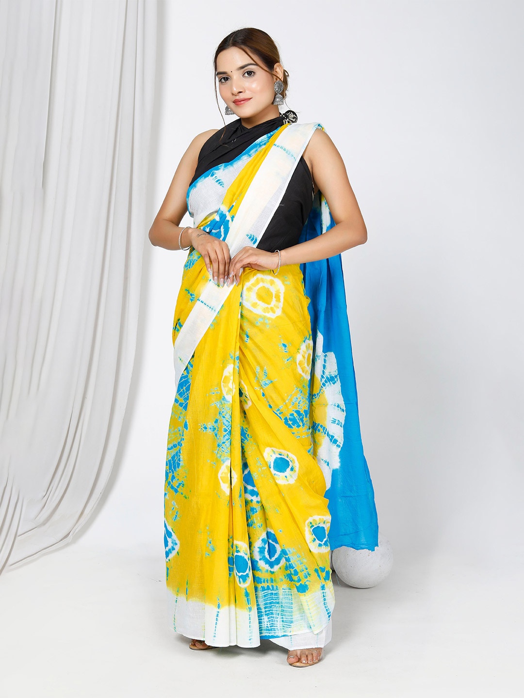 

JAIPURI BLOCK PRINT Tie and Dye Pure Cotton Bandhani Saree, Yellow