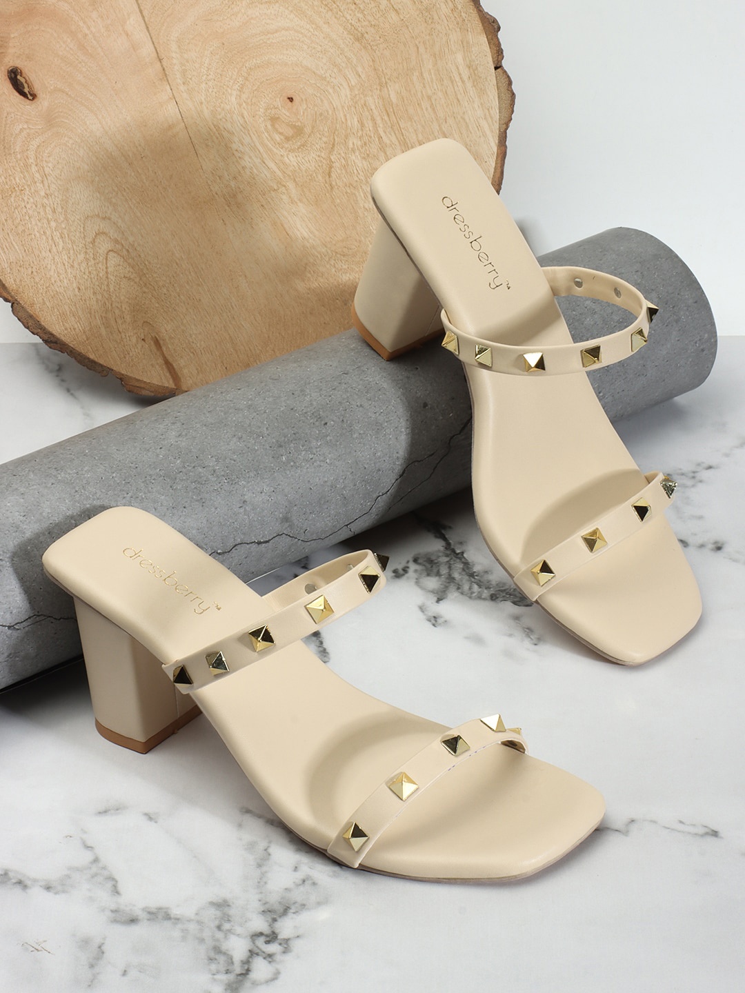

DressBerry Embellished Open Toe Block Heels, Cream