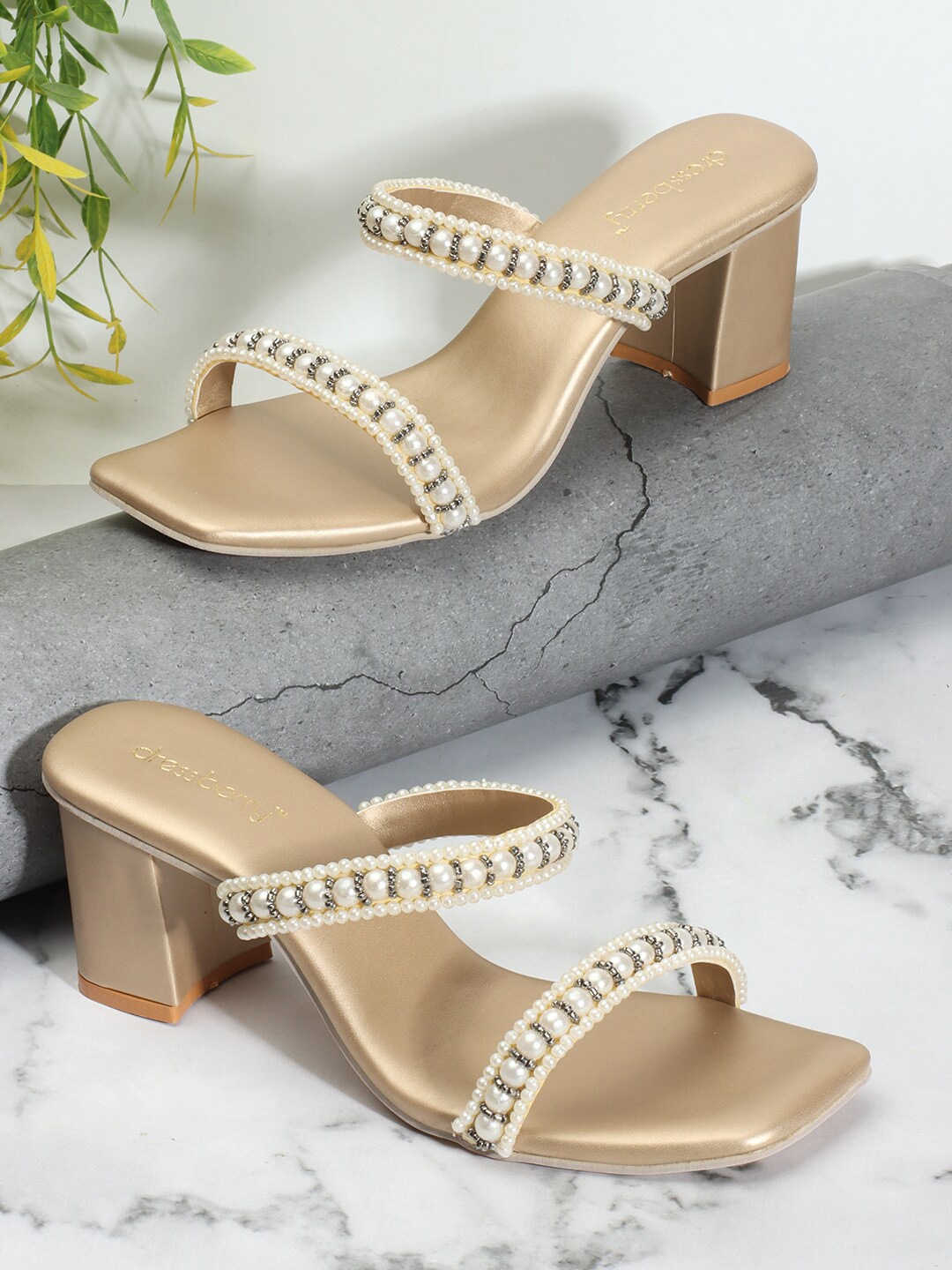 

DressBerry Embellished Open Toe Block Heels, Gold