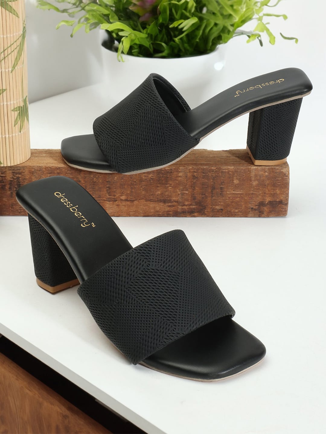 

DressBerry Textured Open Toe Block Heels, Black