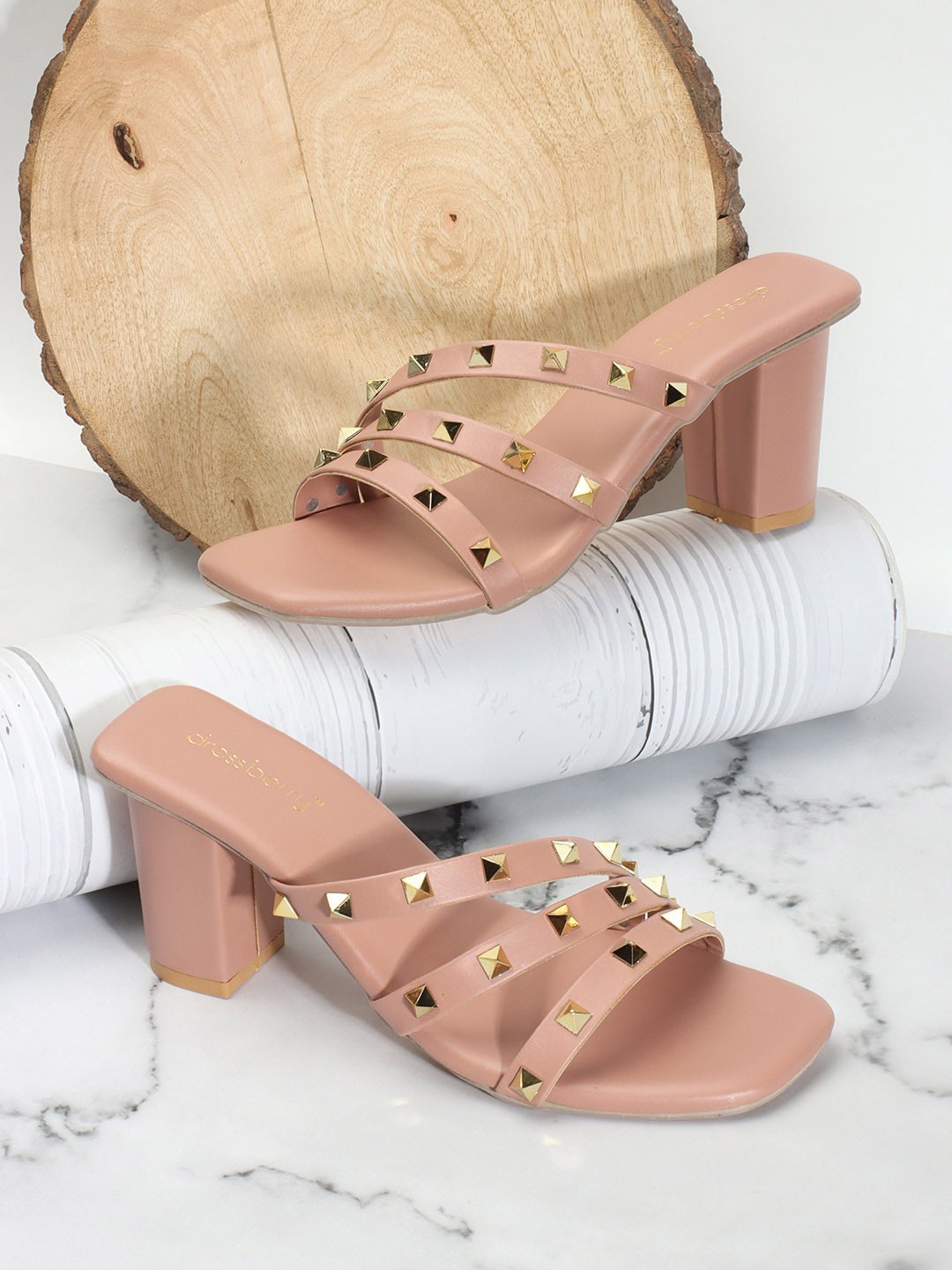

DressBerry Embellished Open Toe Block Heels, Peach