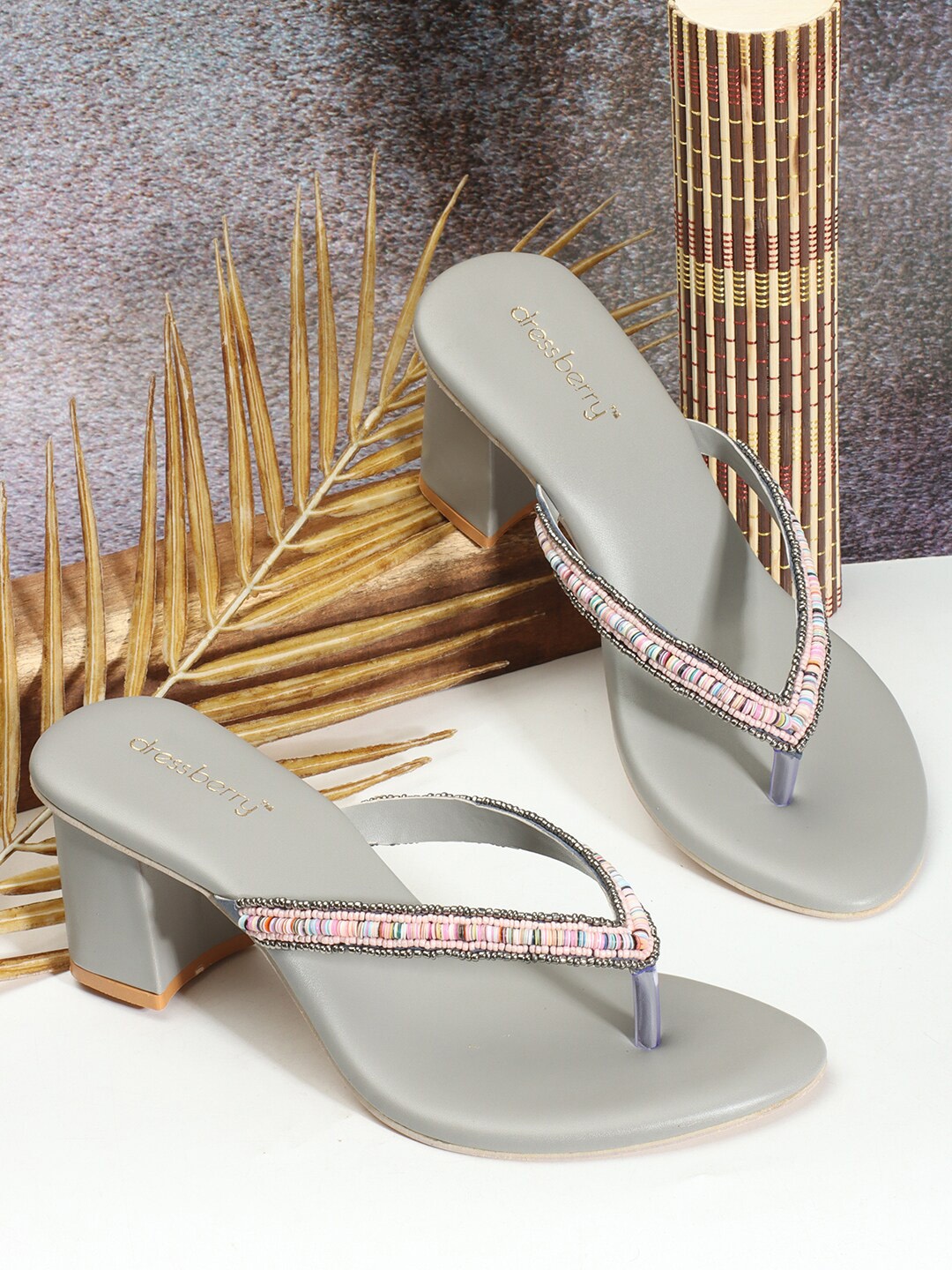 

DressBerry Grey Embellished Open Toe Block Heels