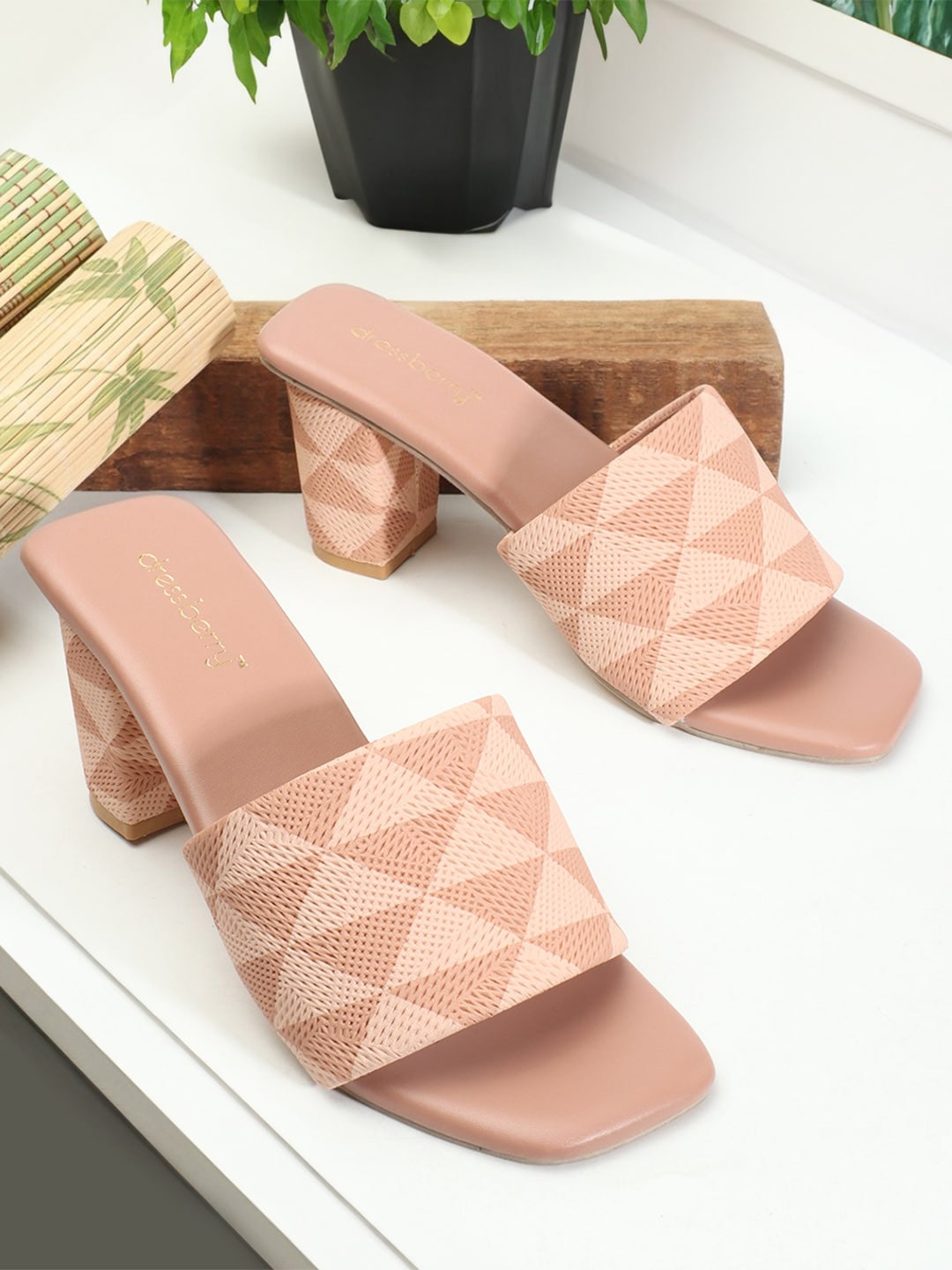 

DressBerry Printed Open Toe Block Heels, Pink