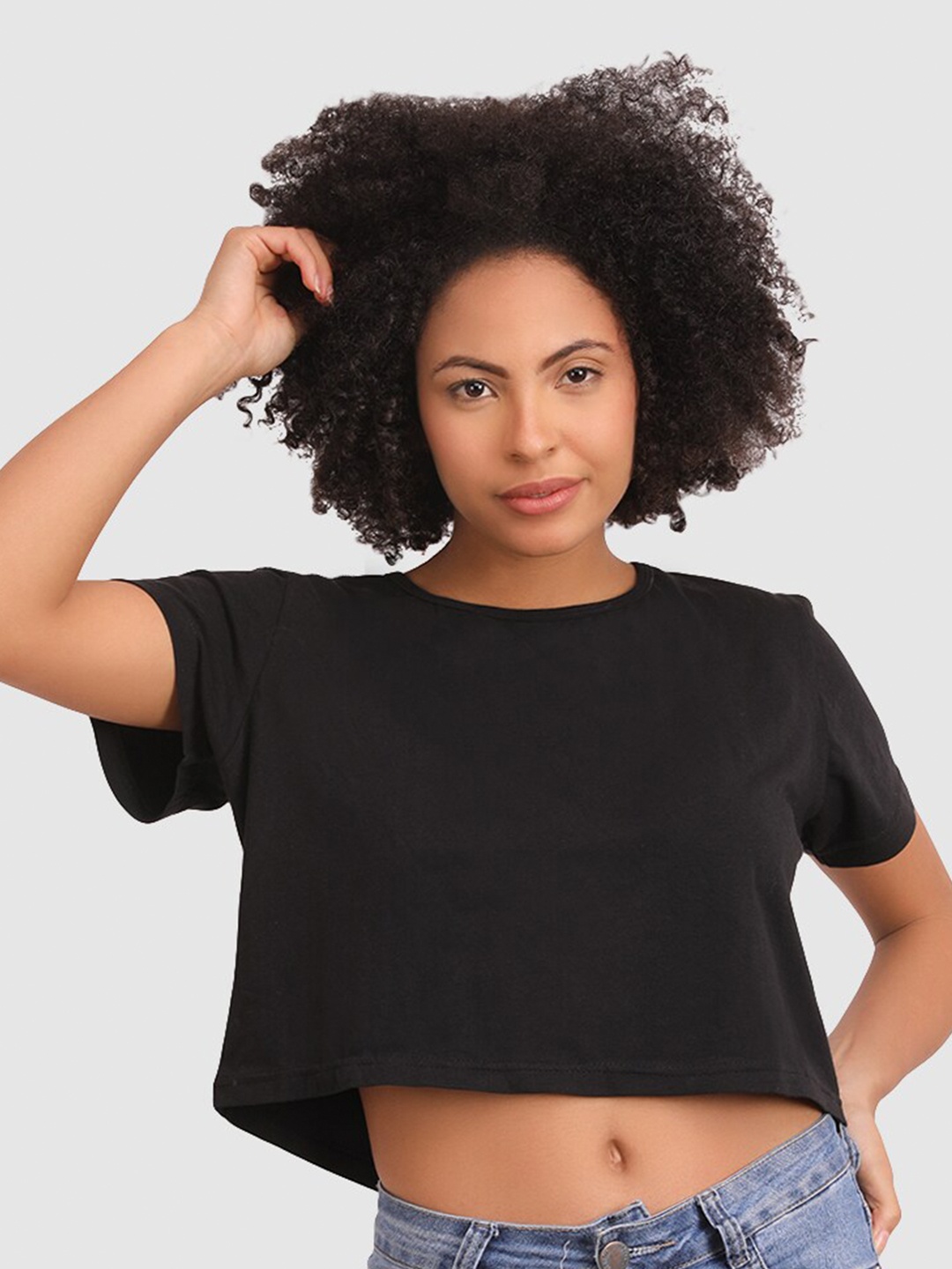 

BAESD Round Neck Cotton Boxy Crop Top, Black