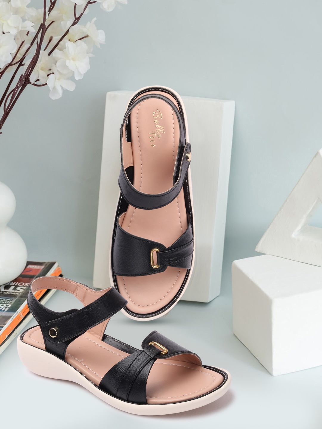 

Bella Toes Open Toe Flats With Buckles, Black