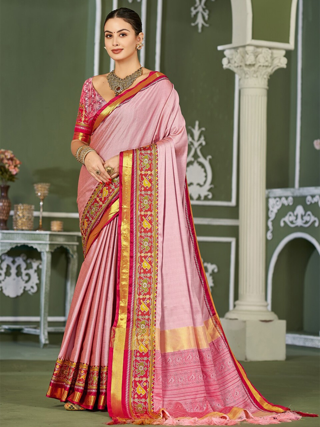 

SILKWEAR Woven Design Zari Silk Cotton Mysore Silk Saree, Pink