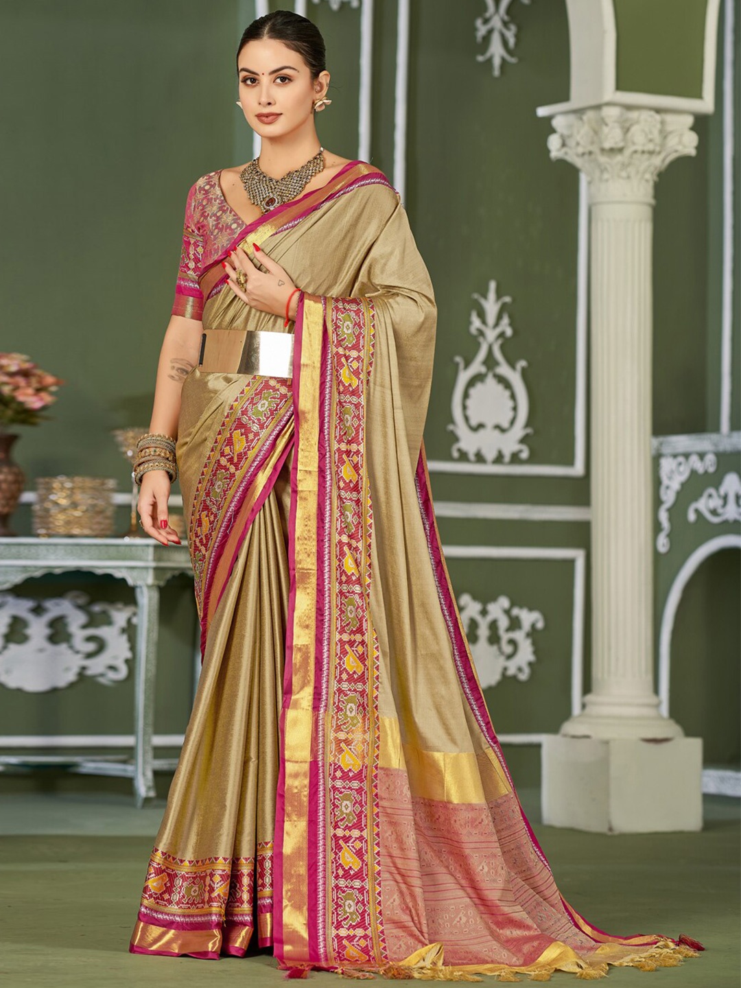 

SILKWEAR Ethnic Motifs Woven Design Zari Silk Cotton Mysore Silk Saree, Beige