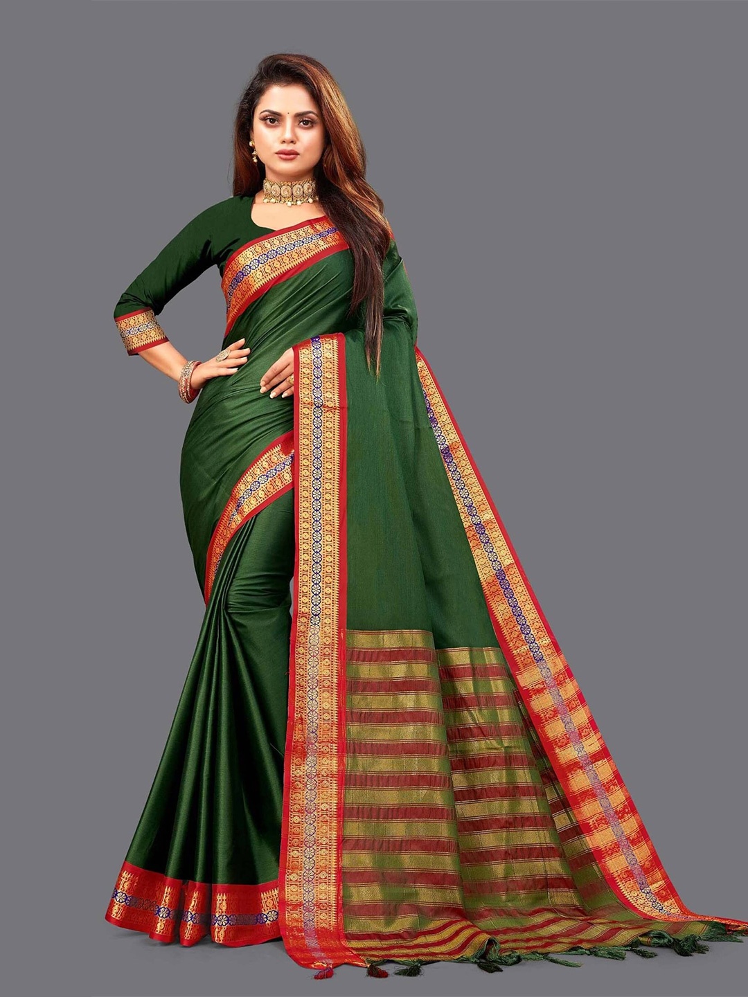 

SILKWEAR Woven Design Zari Silk Cotton Mysore Silk Saree, Green