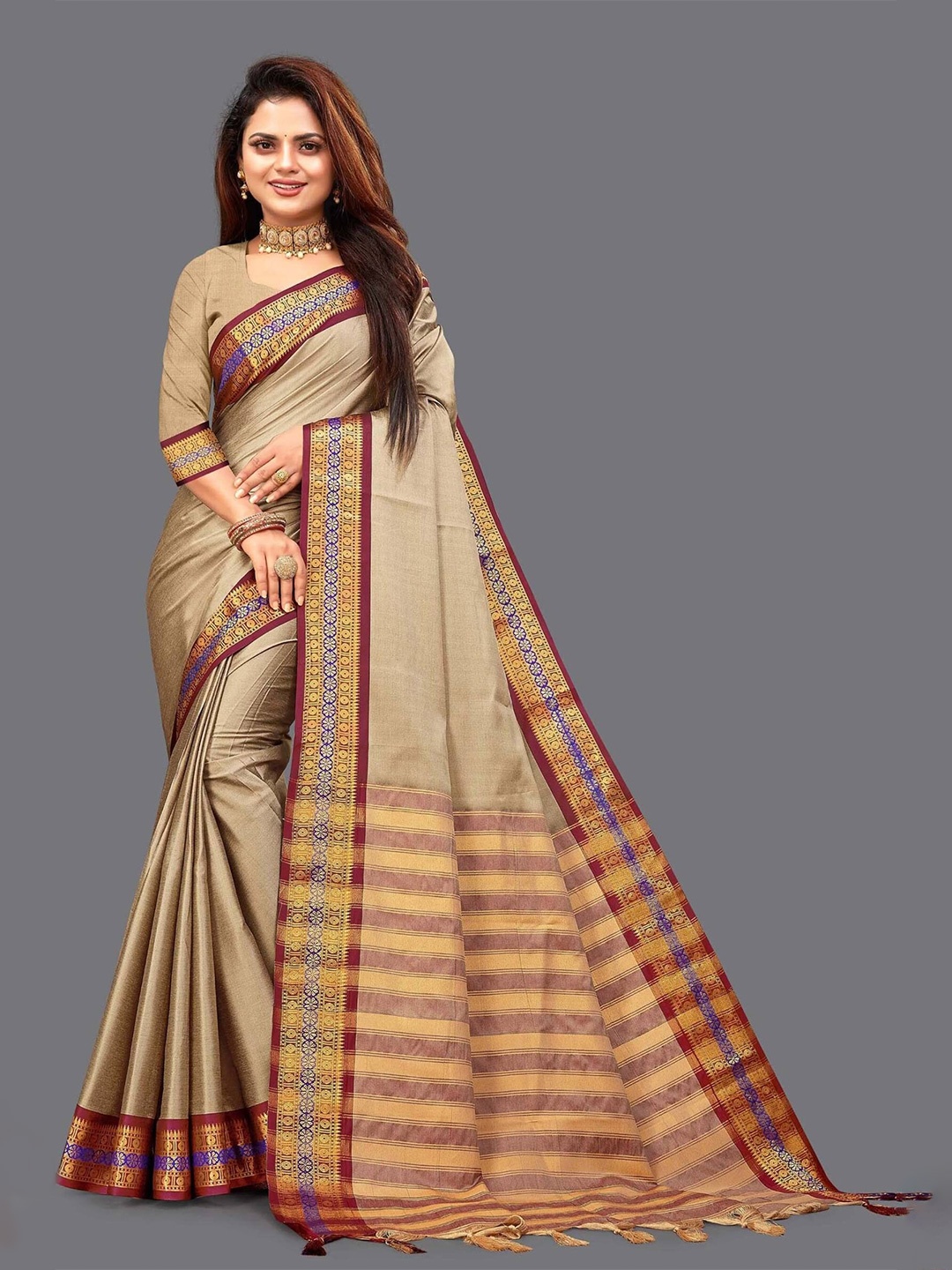 

SILKWEAR Woven Design Zari Silk Cotton Mysore Silk Saree, Beige