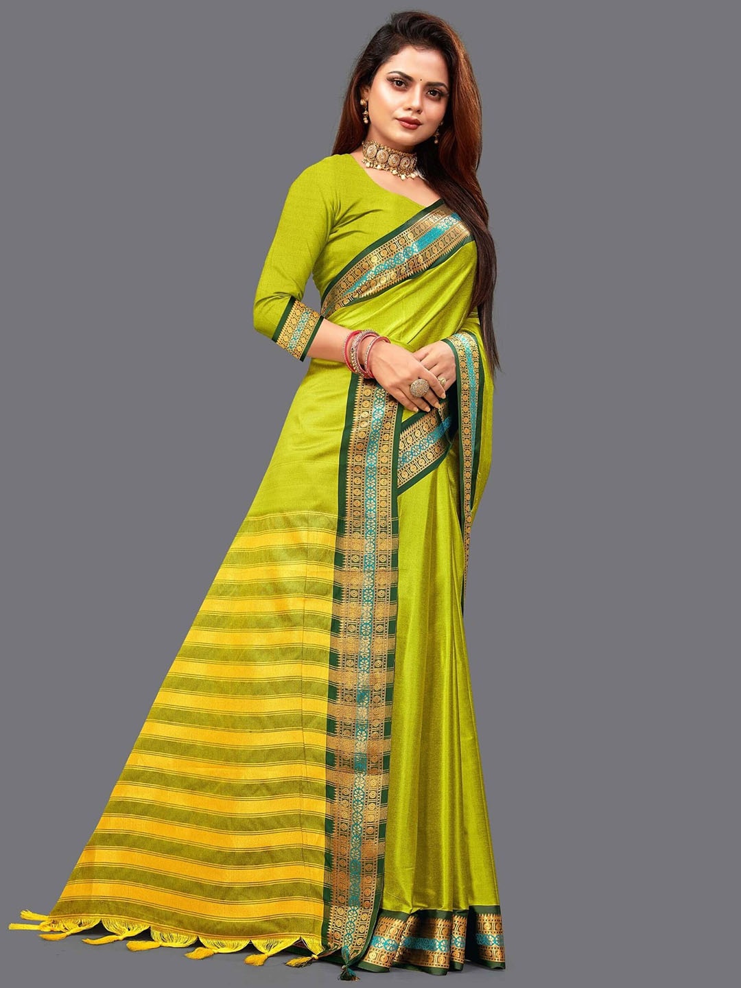 

SILKWEAR Zari Silk Cotton Mysore Silk Saree, Yellow