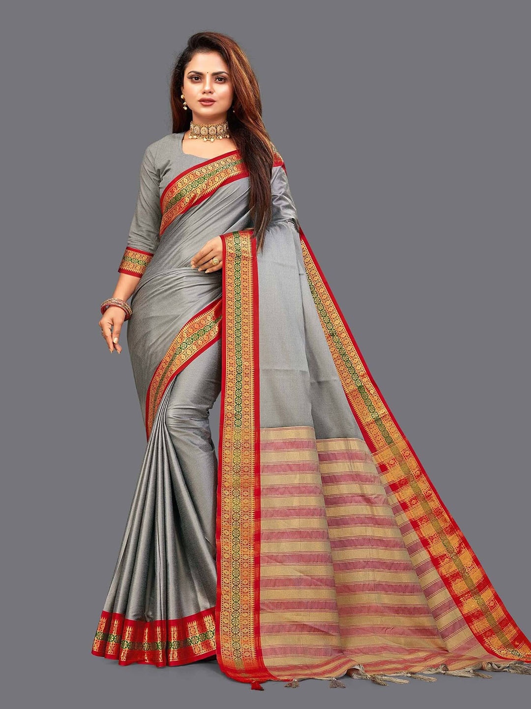 

SILKWEAR Zari Silk Cotton Mysore Silk Saree, Grey
