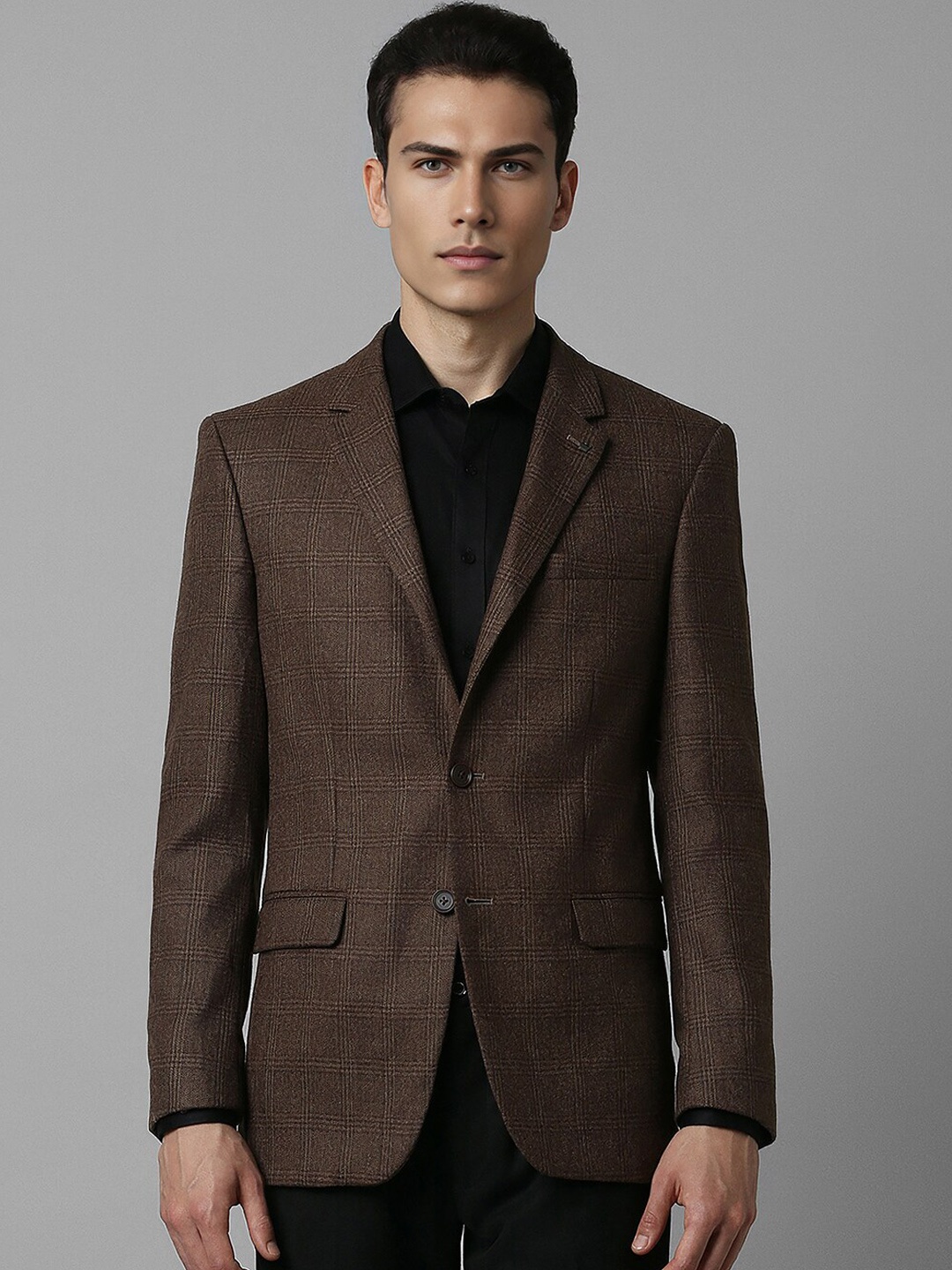 

Louis Philippe Checked Notched Lapel Long Sleeves Woolen Slim-Fit Blazers, Brown