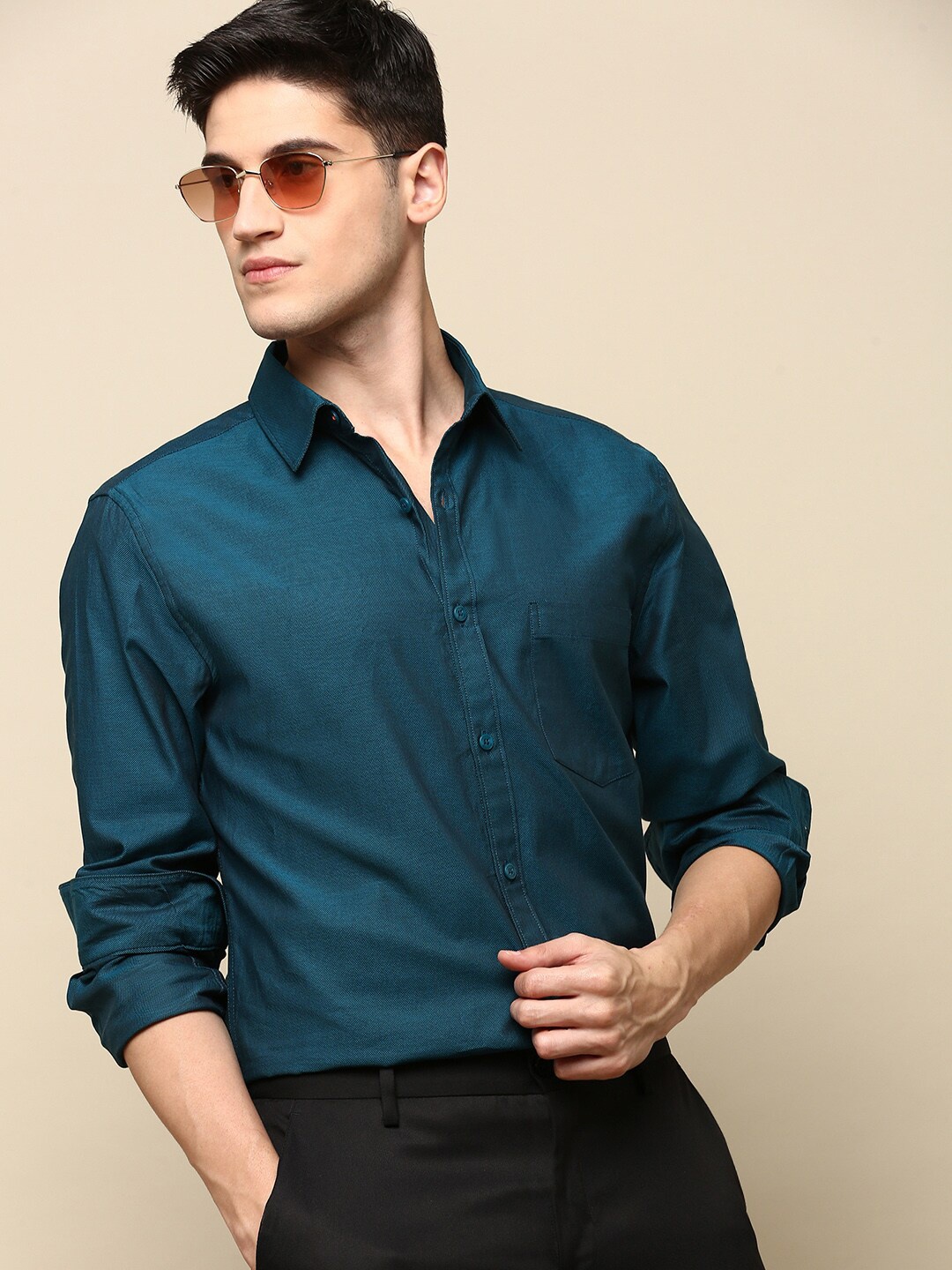 

INVICTUS Sport Cotton Spread Collar Slim Fit Opaque Casual Shirt, Teal