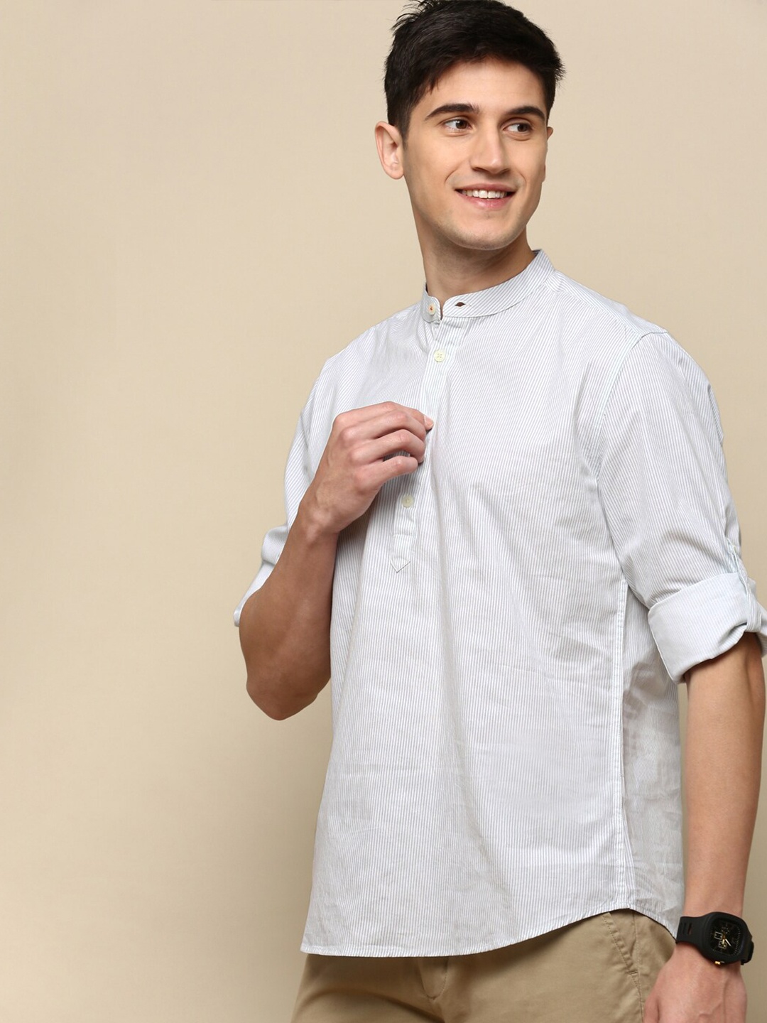 

INVICTUS Band Collar Slim Fit Cotton Opaque Striped Casual Shirt, White