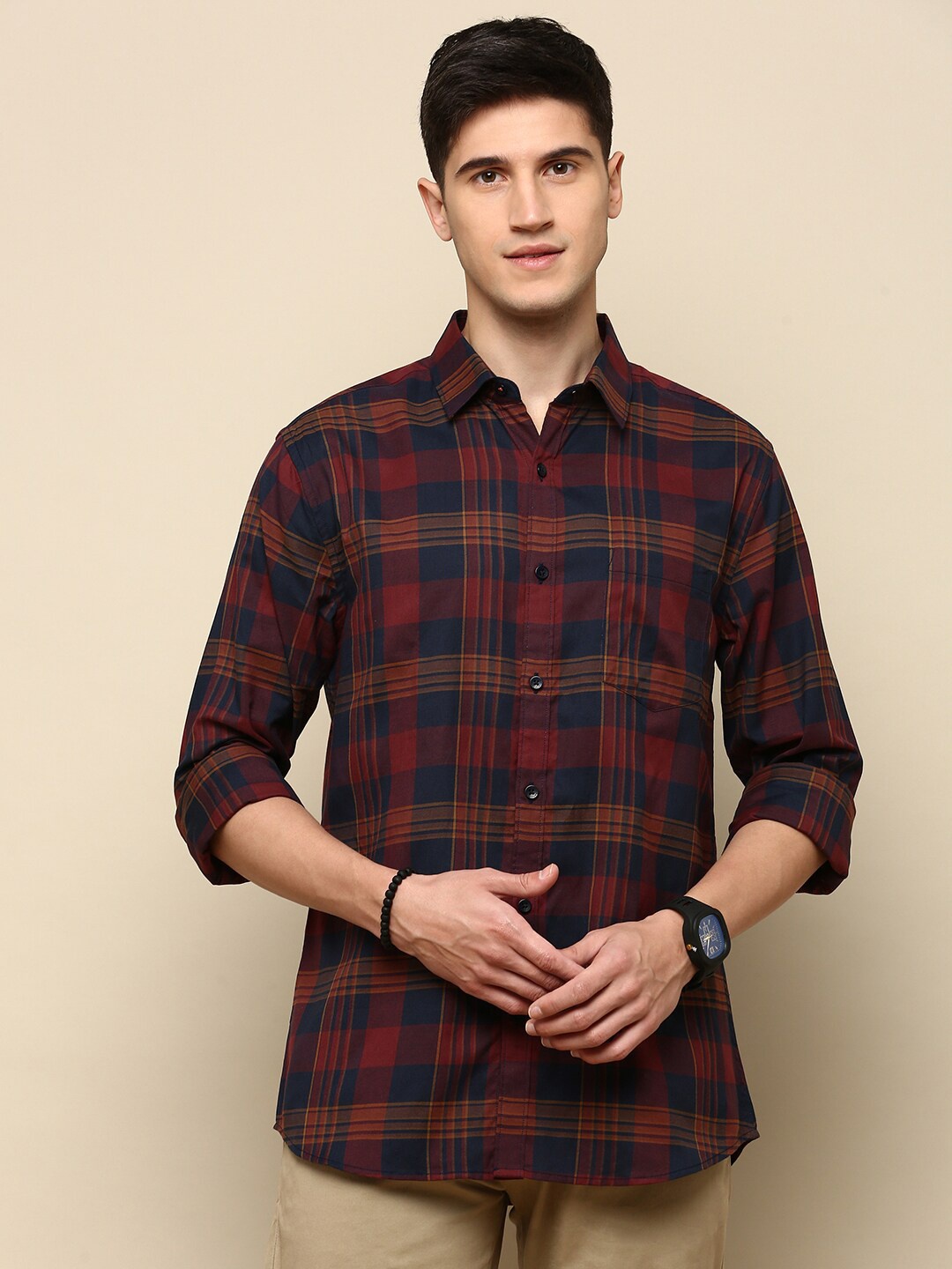 

INVICTUS Sport Tartan Checks Cotton Spread Collar Slim Fit Opaque Checked Casual Shirt, Maroon