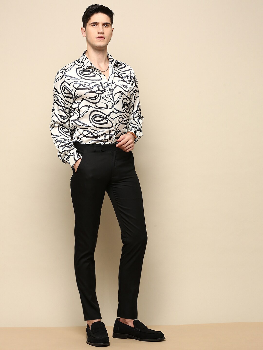 

INVICTUS Club Slim Fit Printed Satin Party Shirt, Cream