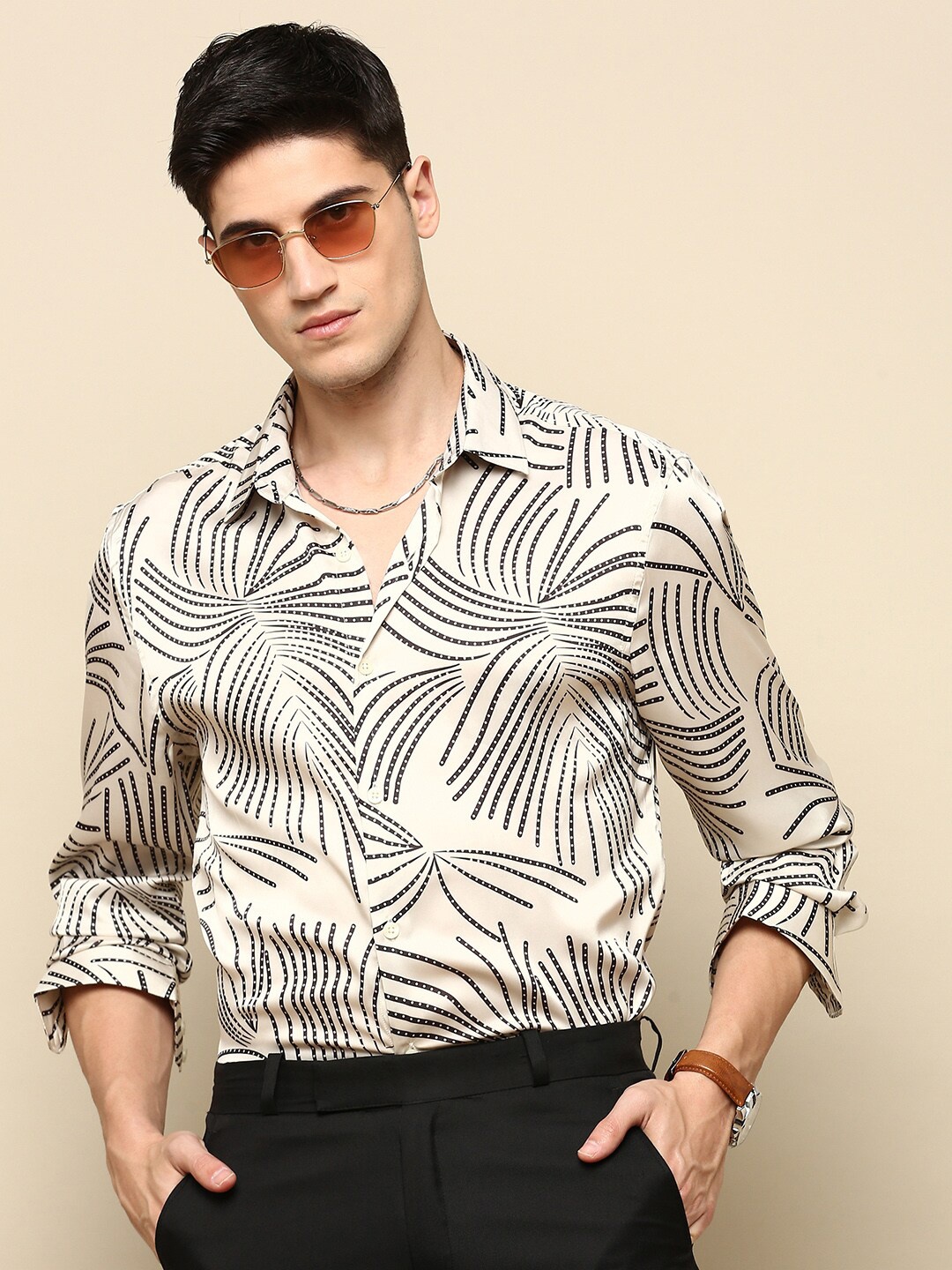 

INVICTUS Club Slim Fit Printed Satin Party Shirt, Cream
