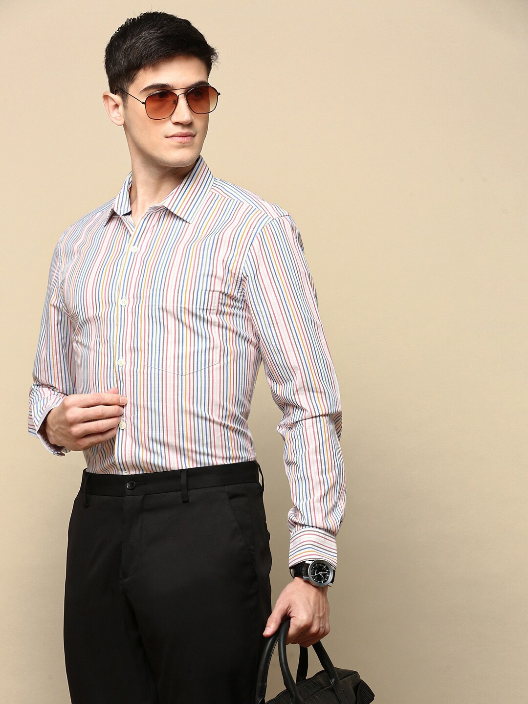 

INVICTUS Spread Collar Standard Slim Fit Cotton Opaque Striped Formal Shirt, White