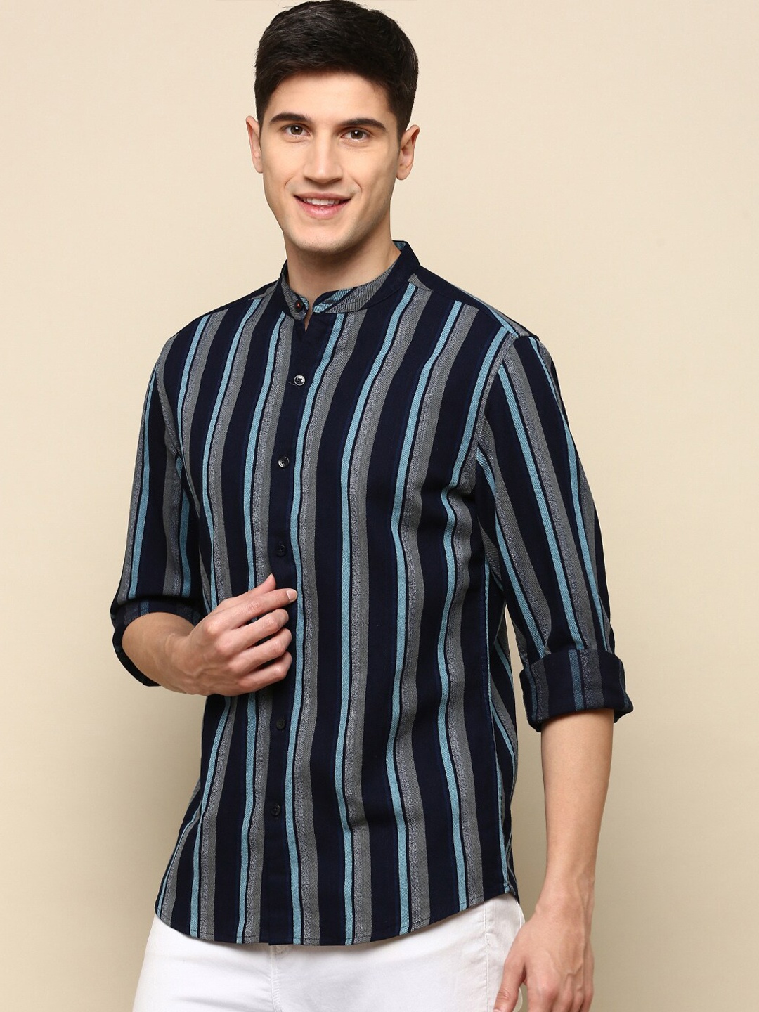 

INVICTUS Sport Striped Cotton Mandarin Collar Slim Fit Opaque Casual Shirt, Navy blue