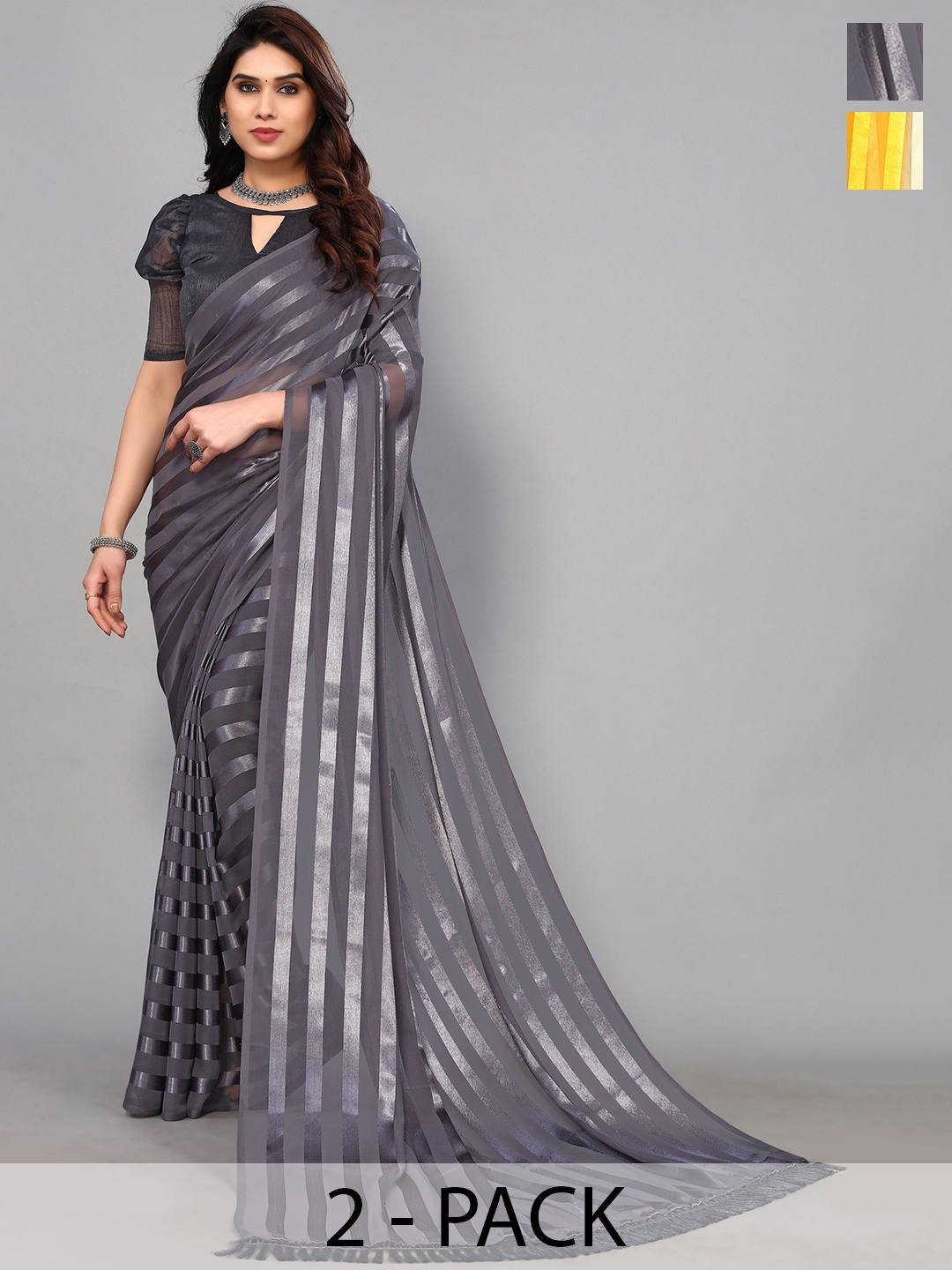 

ANAND SAREES Striped Satin Saree, Yellow