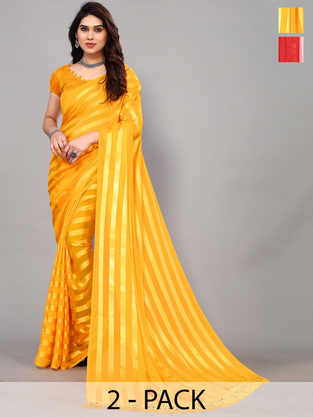 

ANAND SAREES Striped Satin Saree, Red