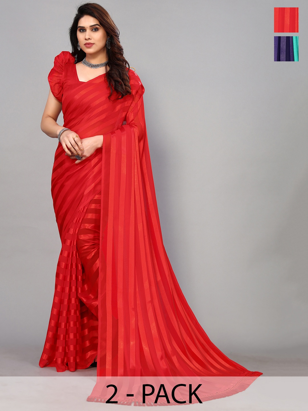 

ANAND SAREES Striped Satin Saree, Red