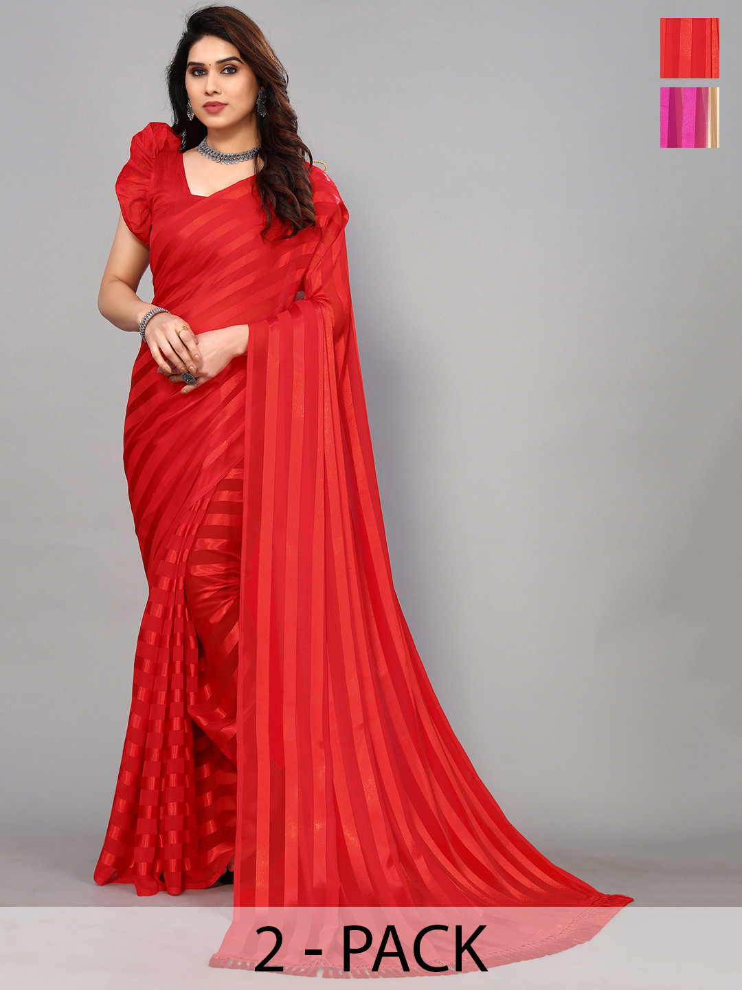 

ANAND SAREES Striped Satin Saree, Red
