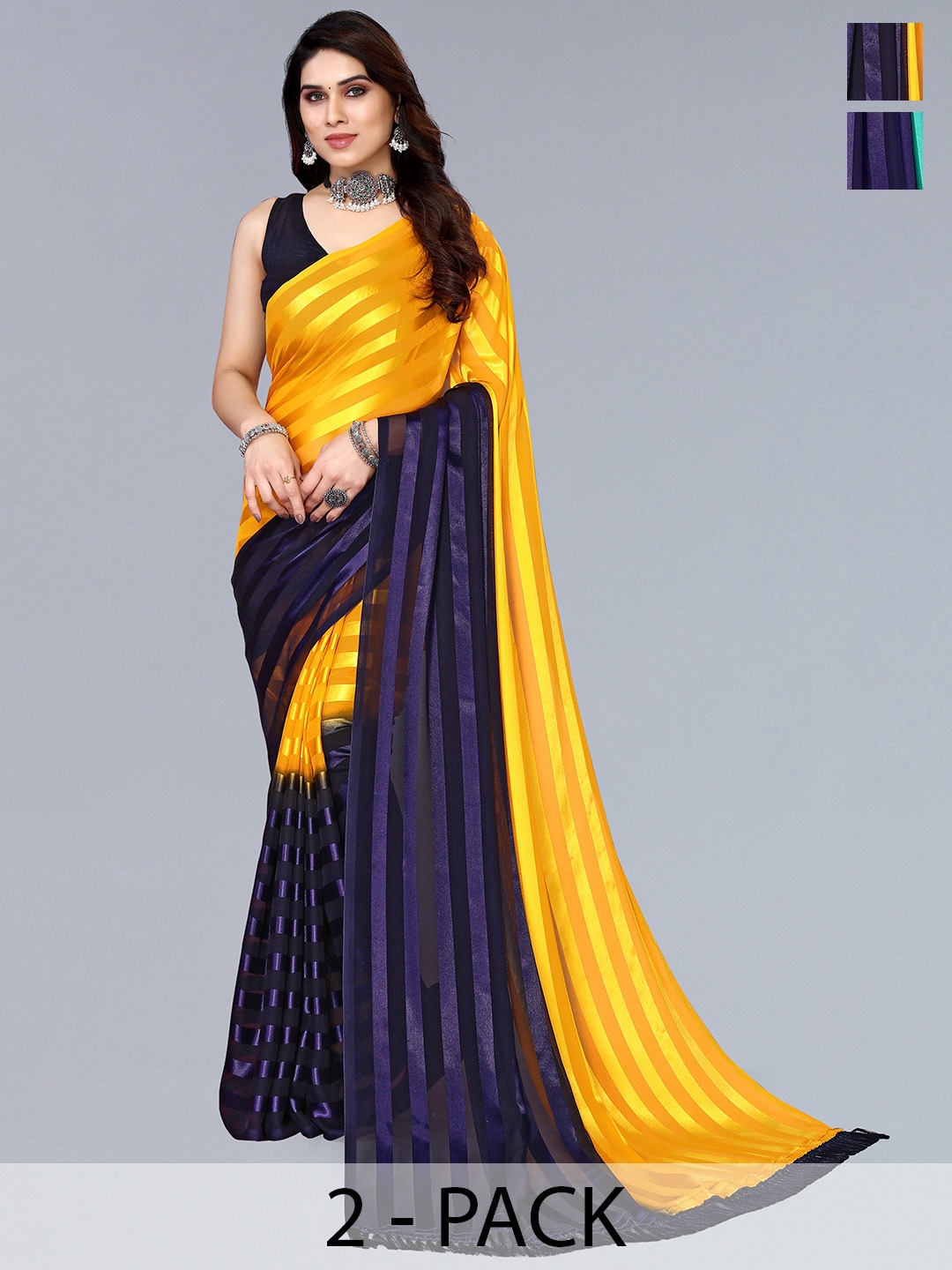 

ANAND SAREES Striped Satin Saree, Blue