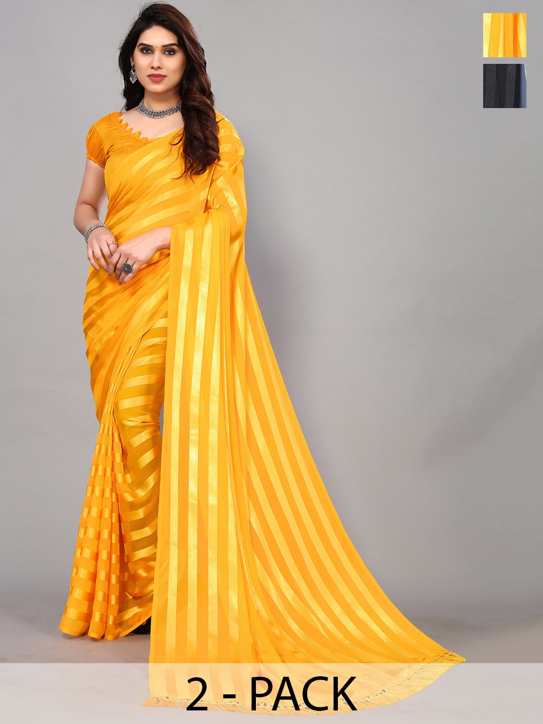 

ANAND SAREES Striped Satin Saree, Grey